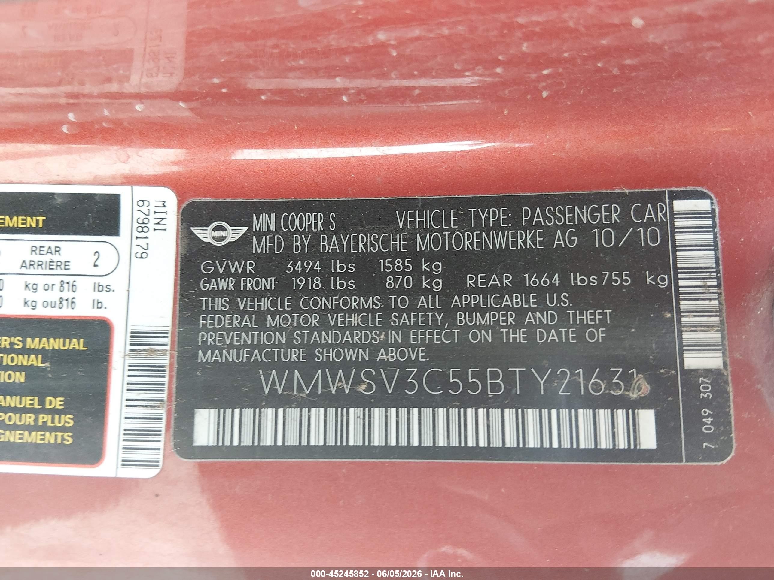2011 Mini Cooper S   Orange vin: WMWSV3C55BTY21631
