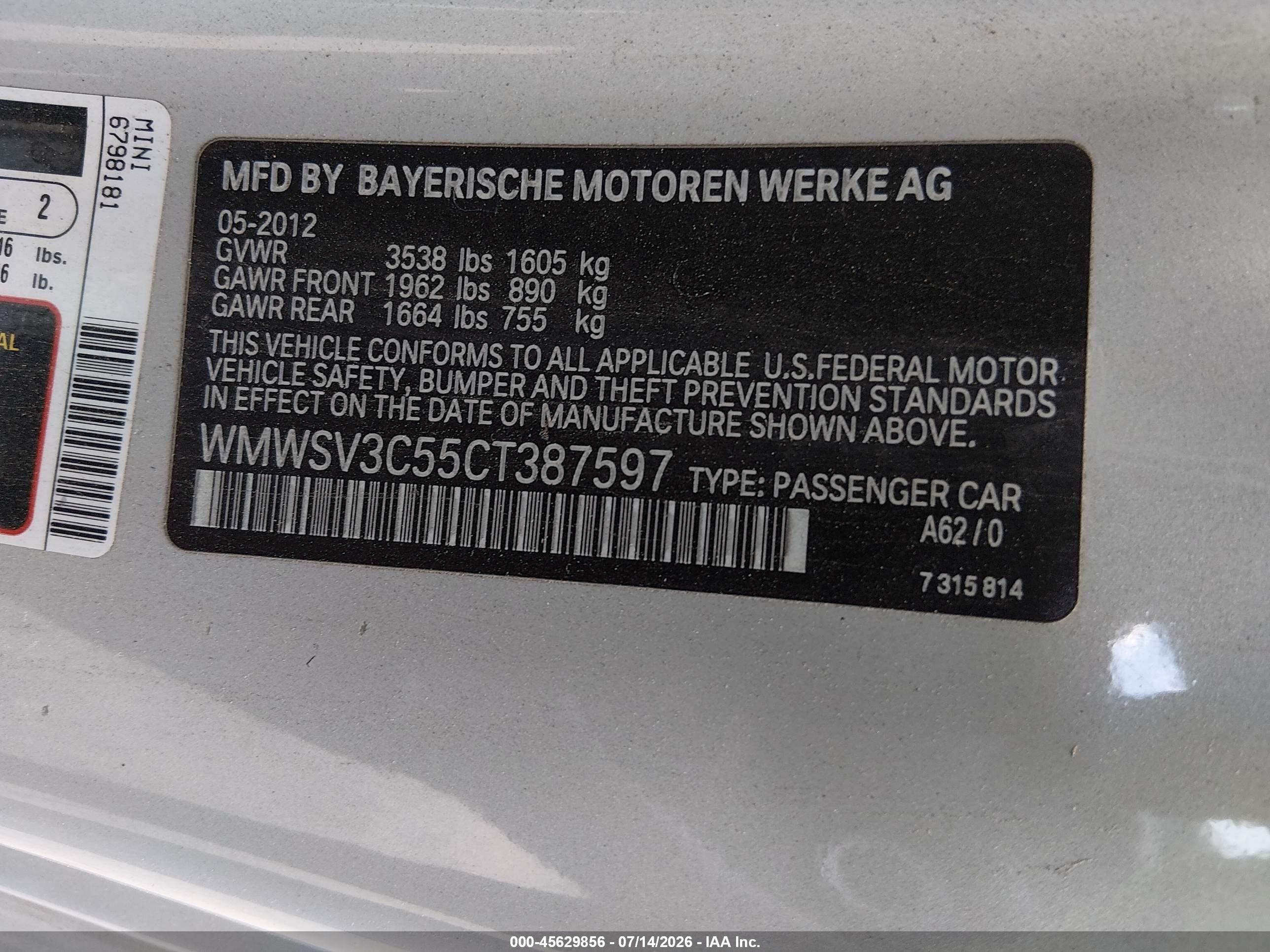 2012 Mini Cooper S   Silver vin: WMWSV3C55CT387597