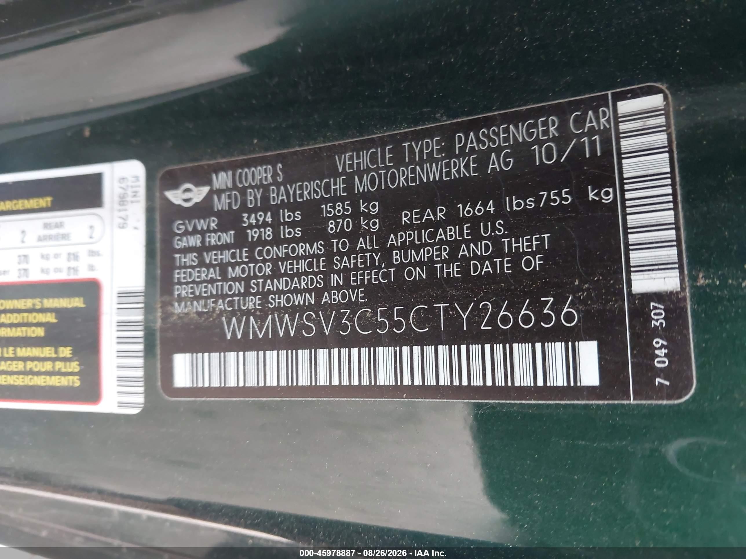 2012 Mini Cooper S   Green vin: WMWSV3C55CTY26636