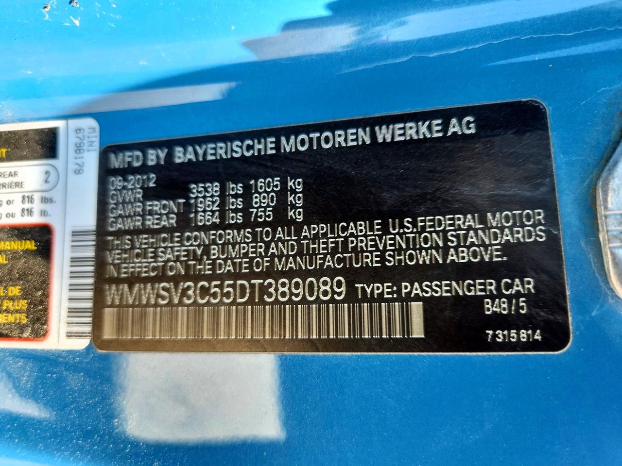 2013 Mini Cooper S Blue vin: WMWSV3C55DT389089