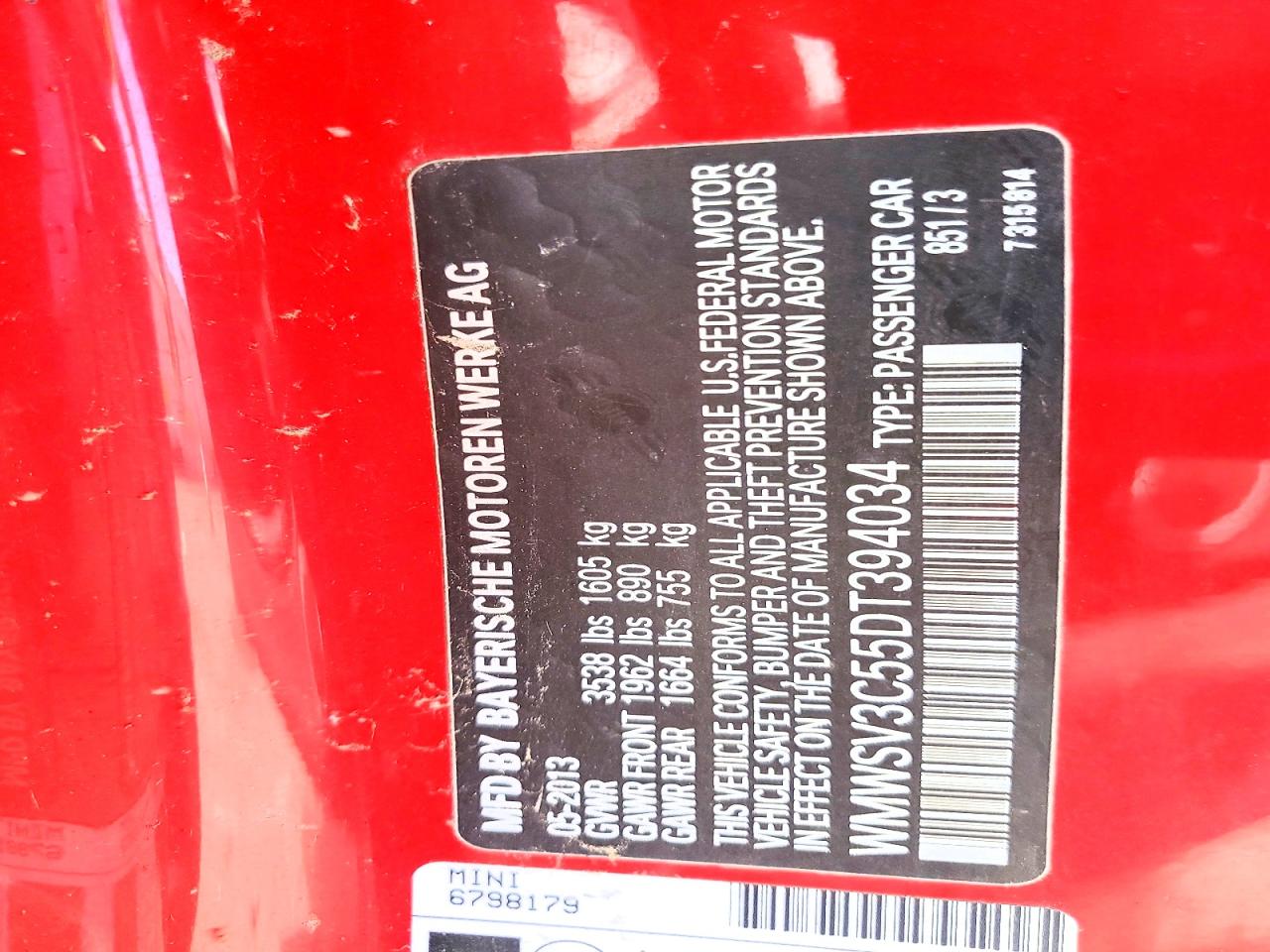 2013 Mini Cooper S Red vin: WMWSV3C55DT394034
