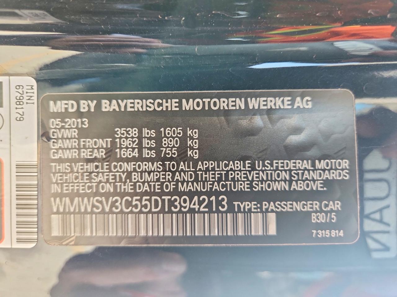 2013 Mini Cooper S Blue vin: WMWSV3C55DT394213