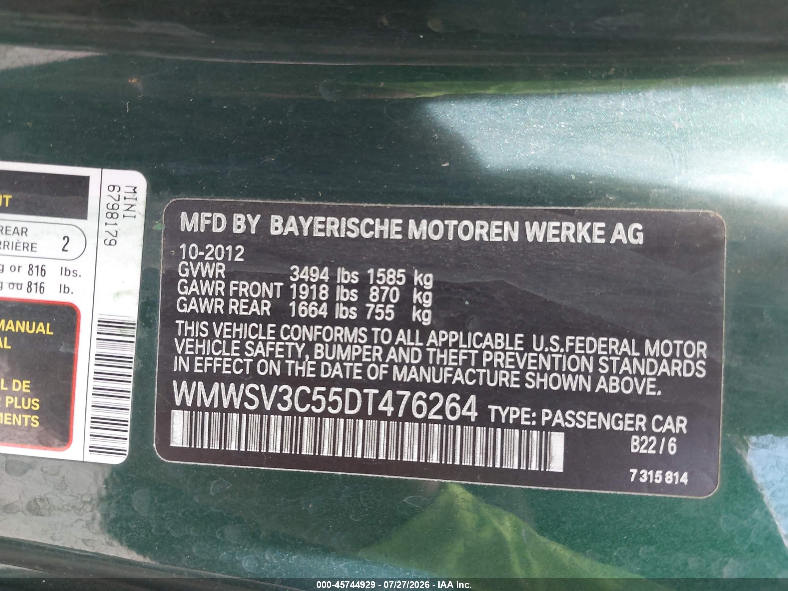 2013 Mini Hardtop Cooper S Green vin: WMWSV3C55DT476264