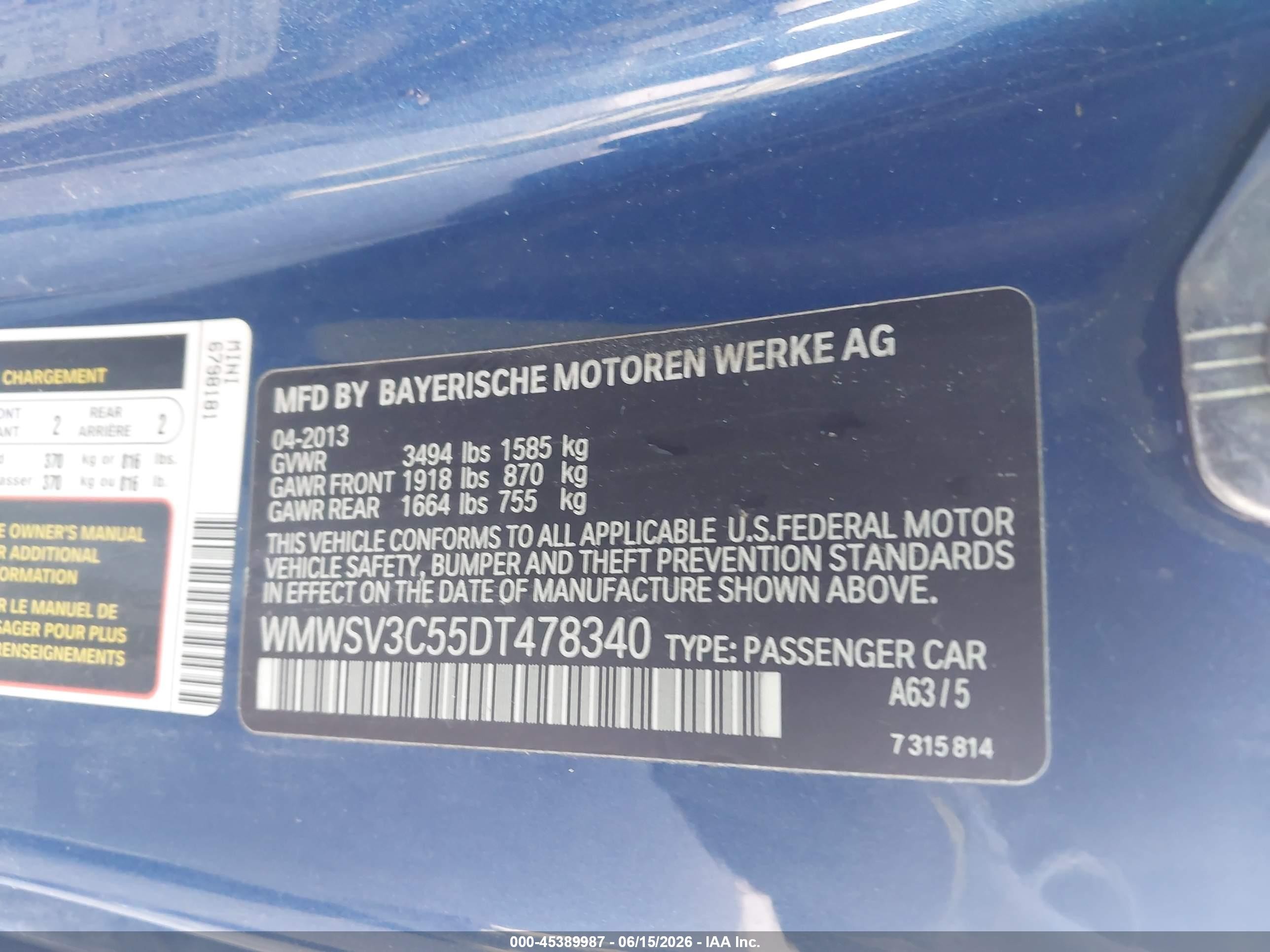 2013 Mini Hardtop Cooper S Blue vin: WMWSV3C55DT478340