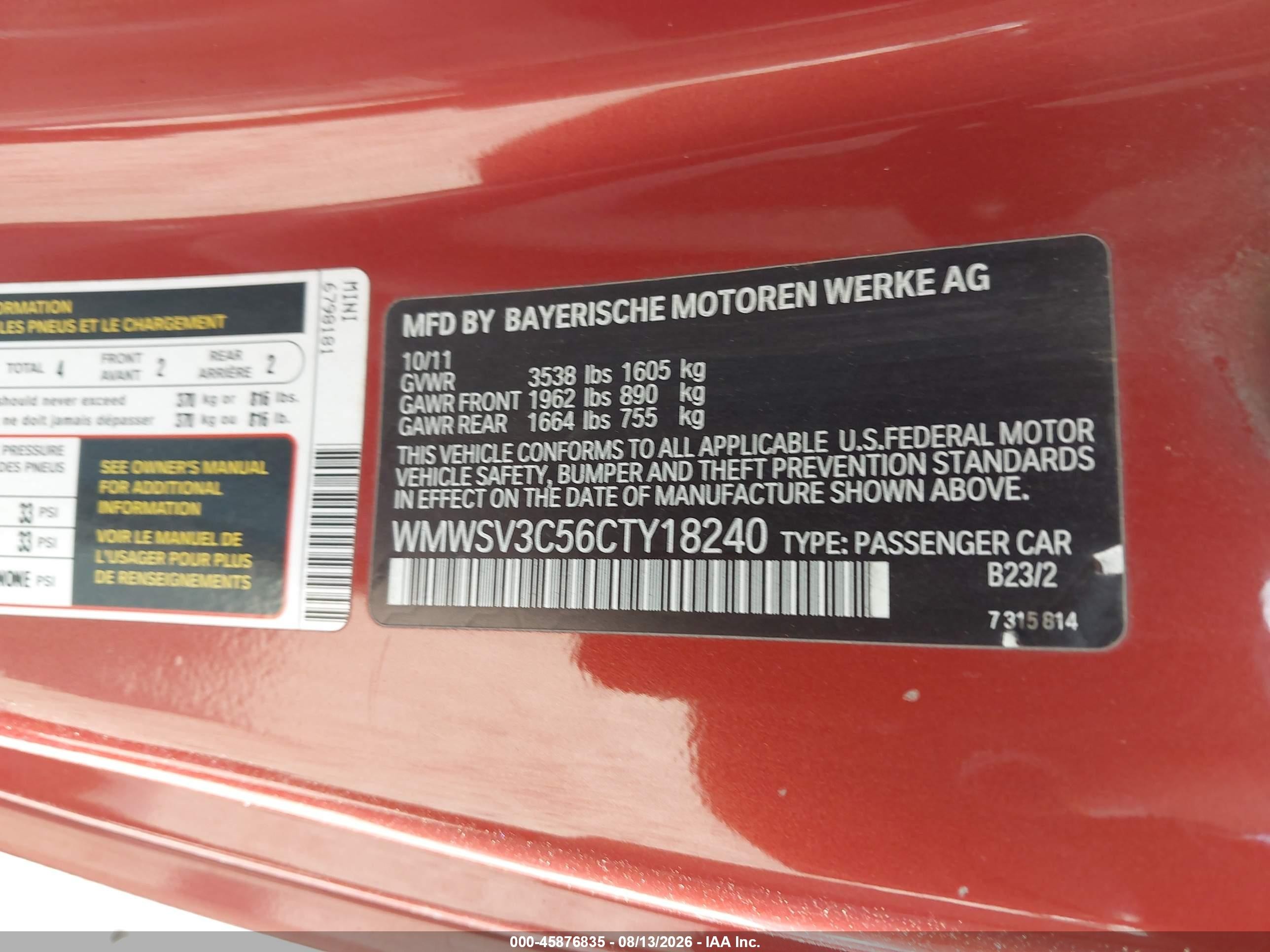 2012 Mini Cooper S   Orange vin: WMWSV3C56CTY18240