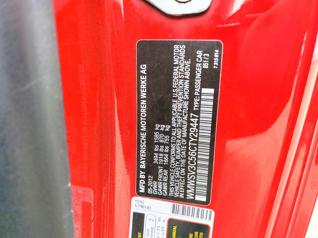 2012 Mini Cooper S Red vin: WMWSV3C56CTY29447