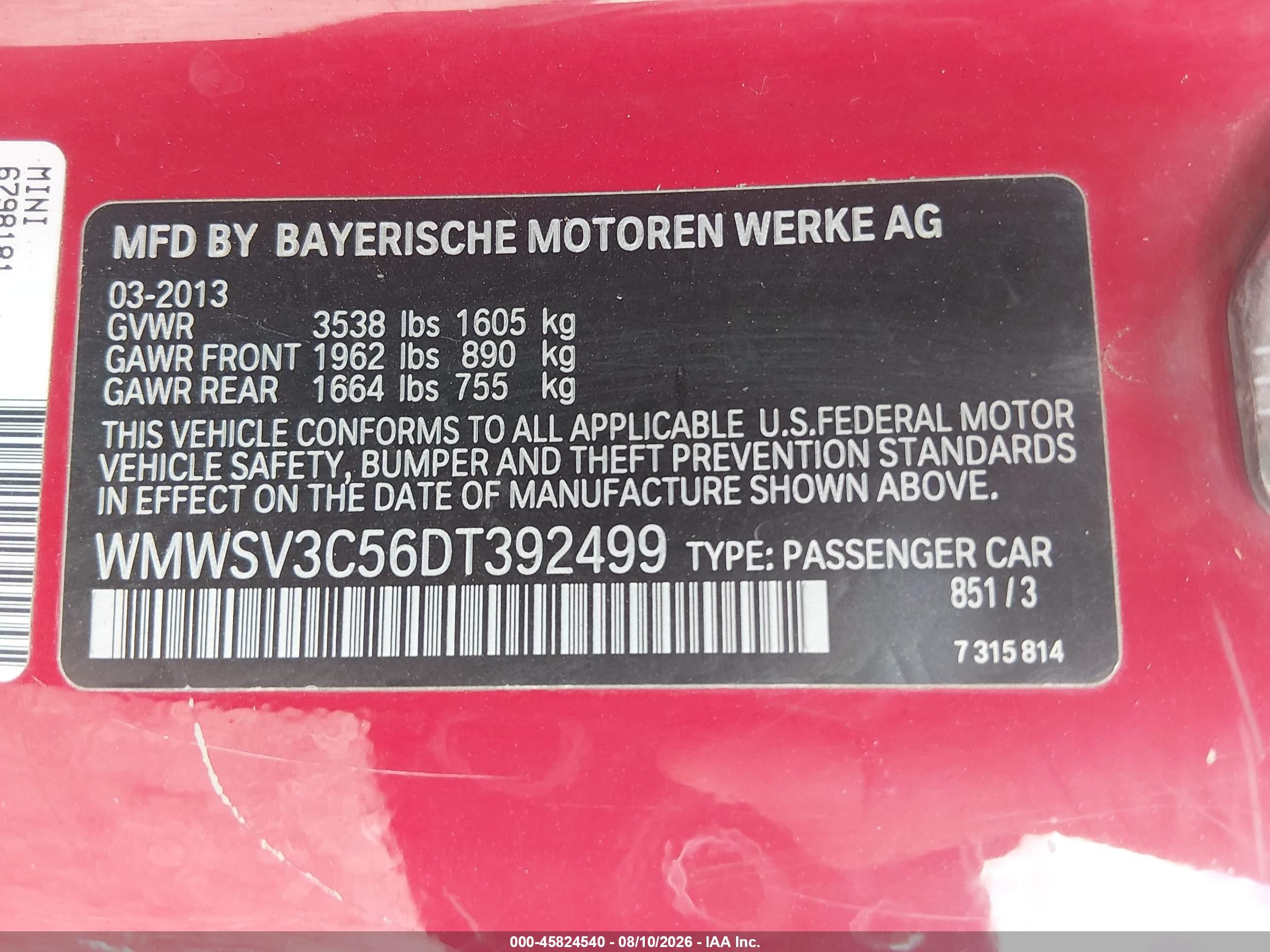 2013 Mini Hardtop Cooper S Red vin: WMWSV3C56DT392499