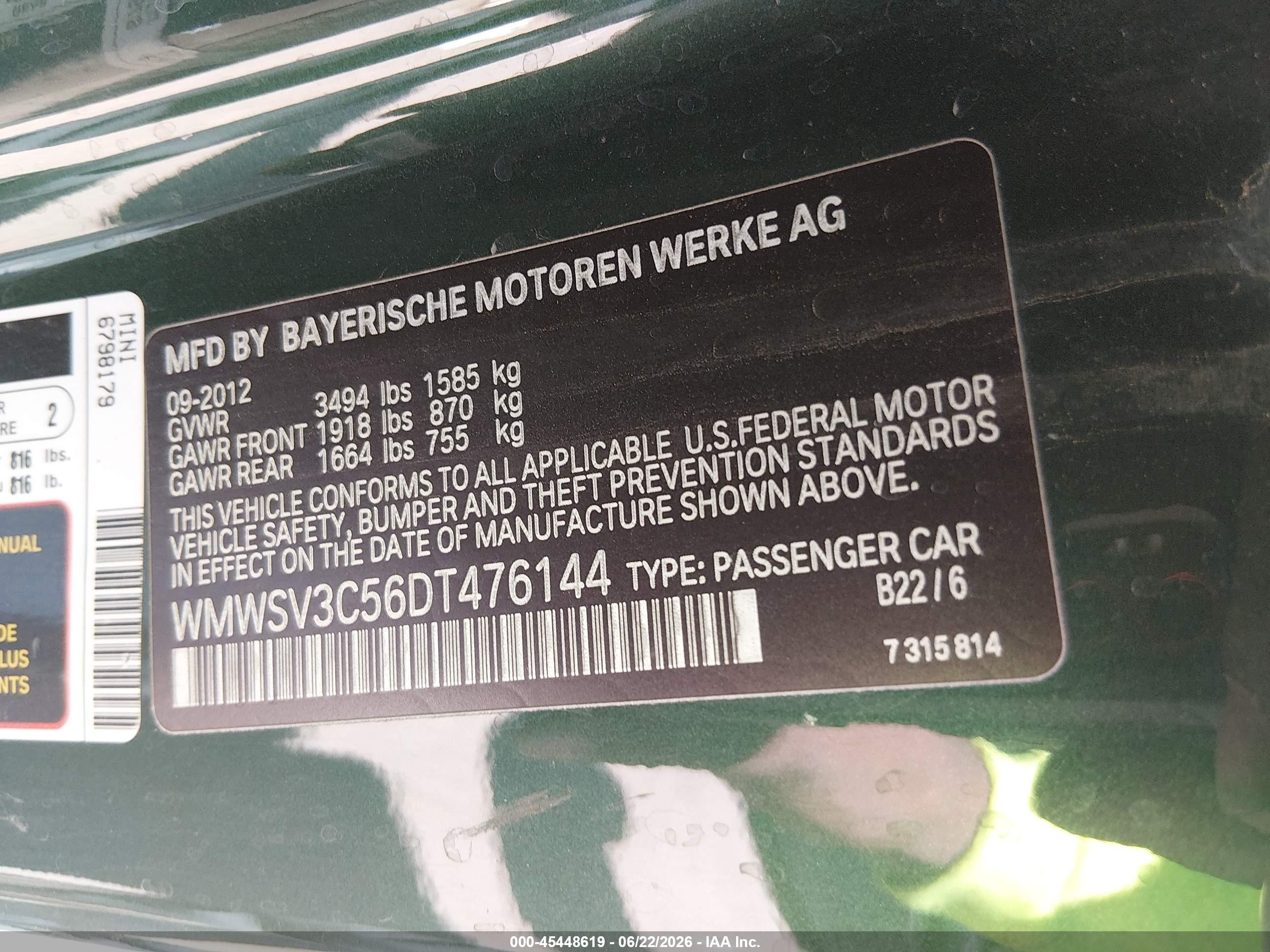 2013 Mini Hardtop Cooper S Green vin: WMWSV3C56DT476144