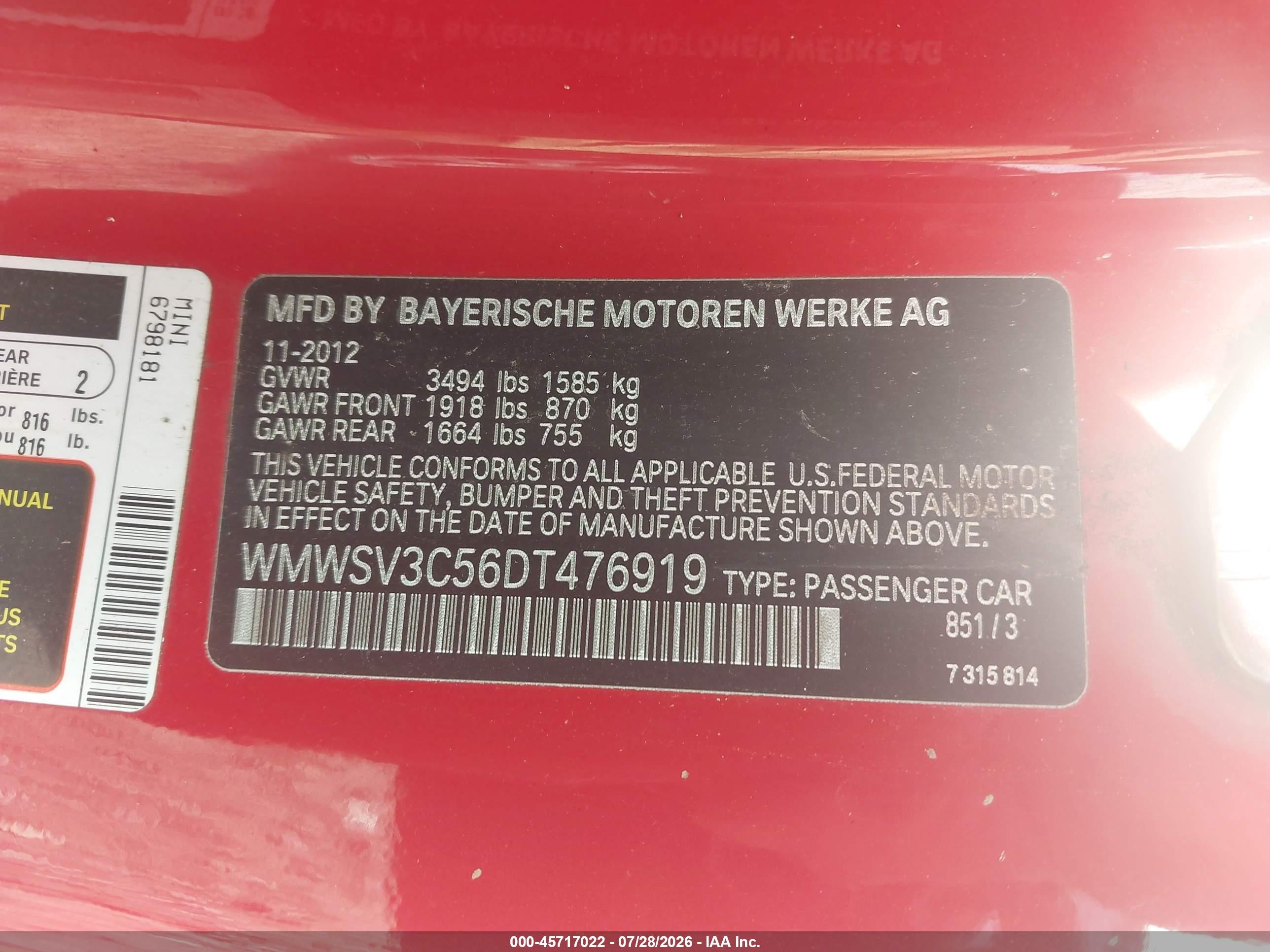 2013 Mini Hardtop Cooper S Красный vin: WMWSV3C56DT476919