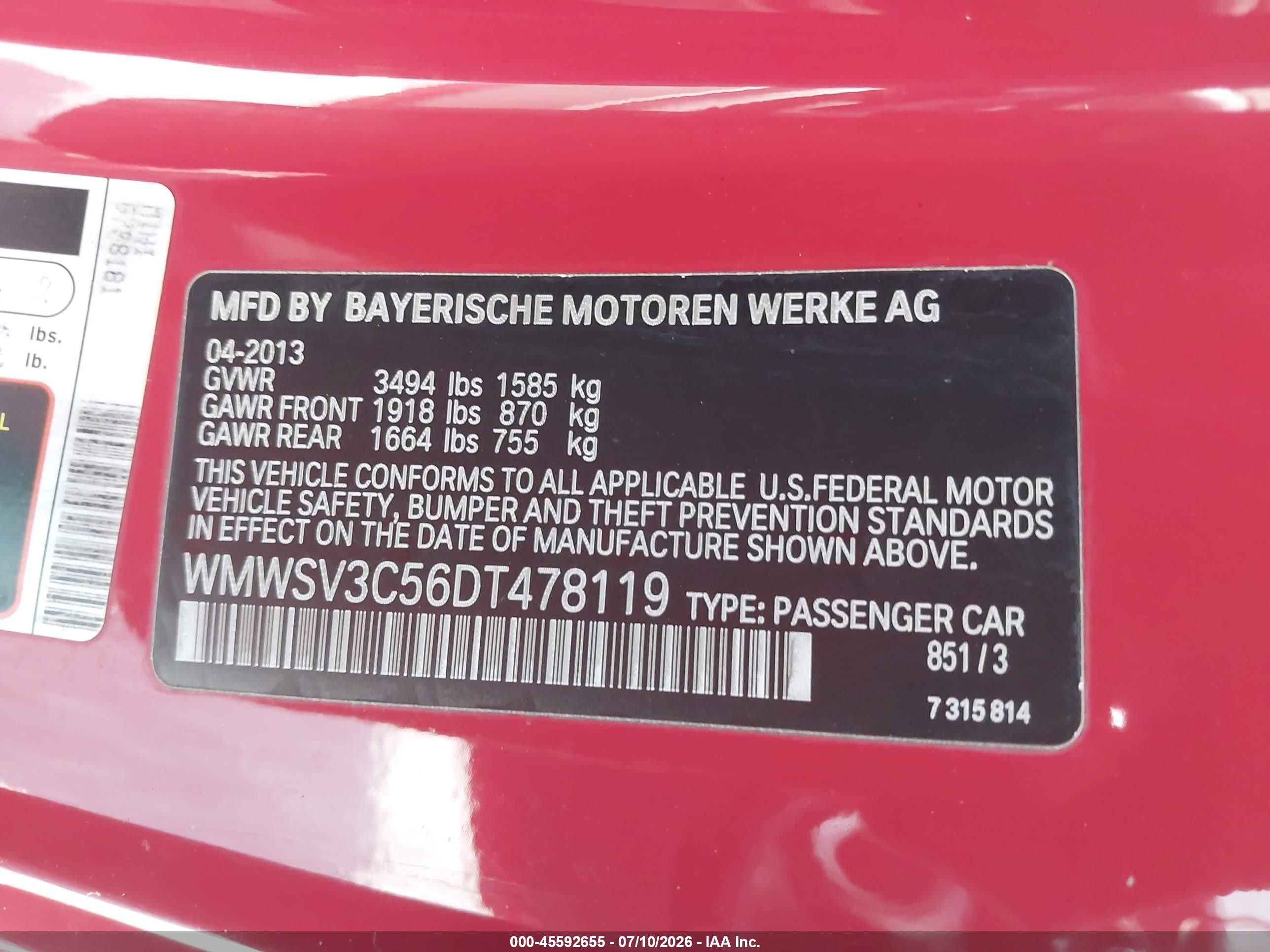 2013 Mini Hardtop Cooper S Red vin: WMWSV3C56DT478119