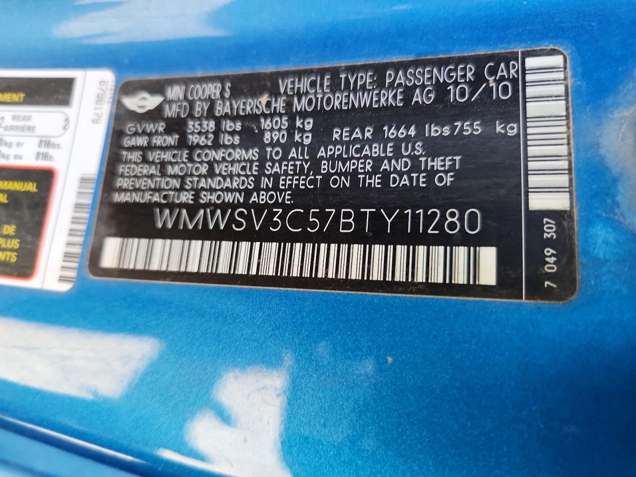2011 Mini Cooper S Blue vin: WMWSV3C57BTY11280