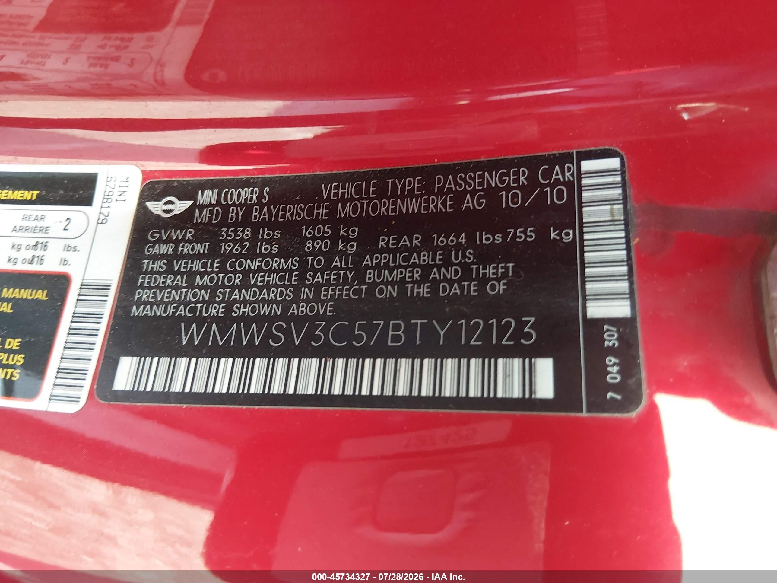 2011 Mini Cooper S   Red vin: WMWSV3C57BTY12123