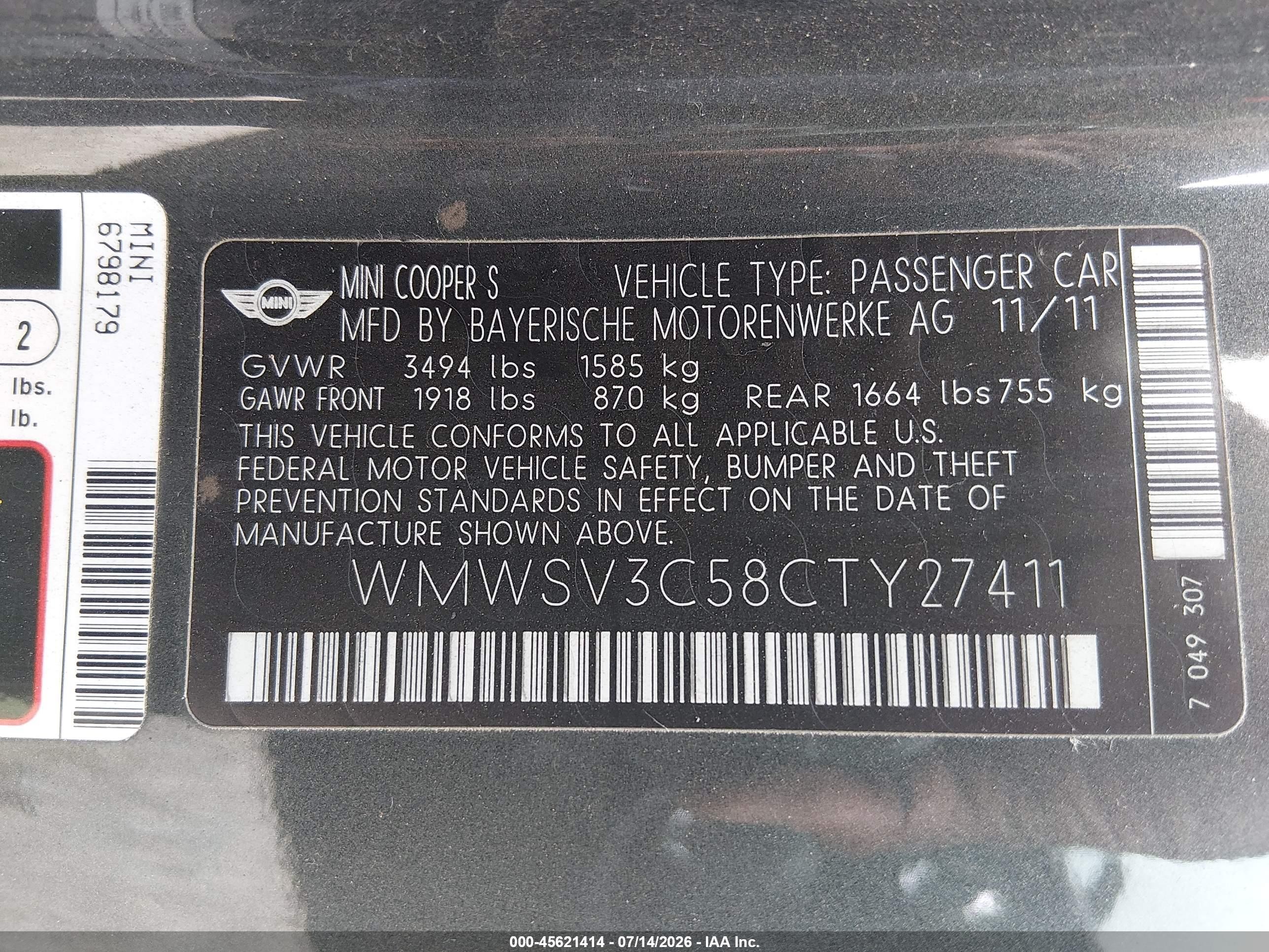 2012 Mini Cooper S   Black vin: WMWSV3C58CTY27411