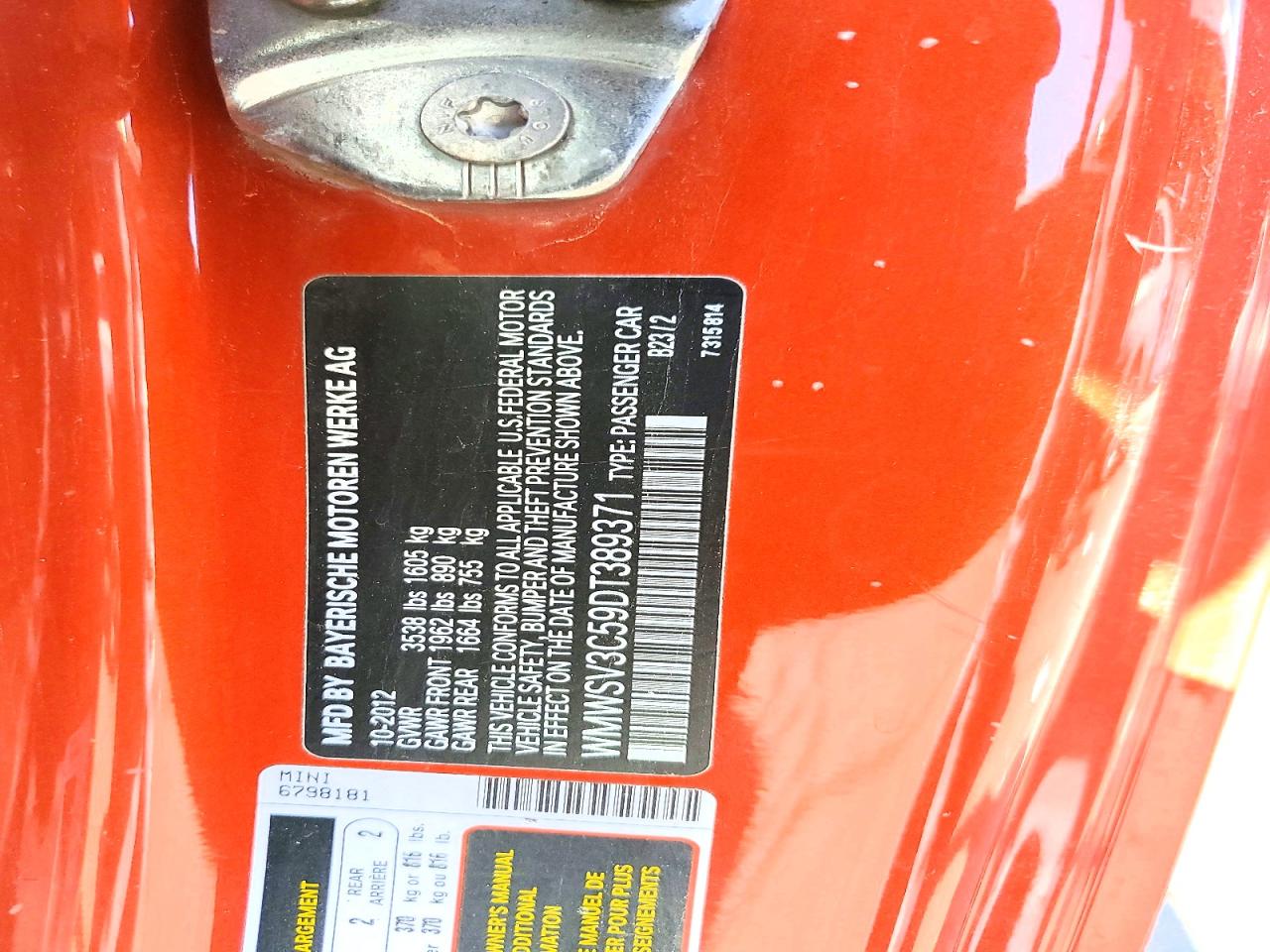2013 Mini Cooper S Orange vin: WMWSV3C59DT389371
