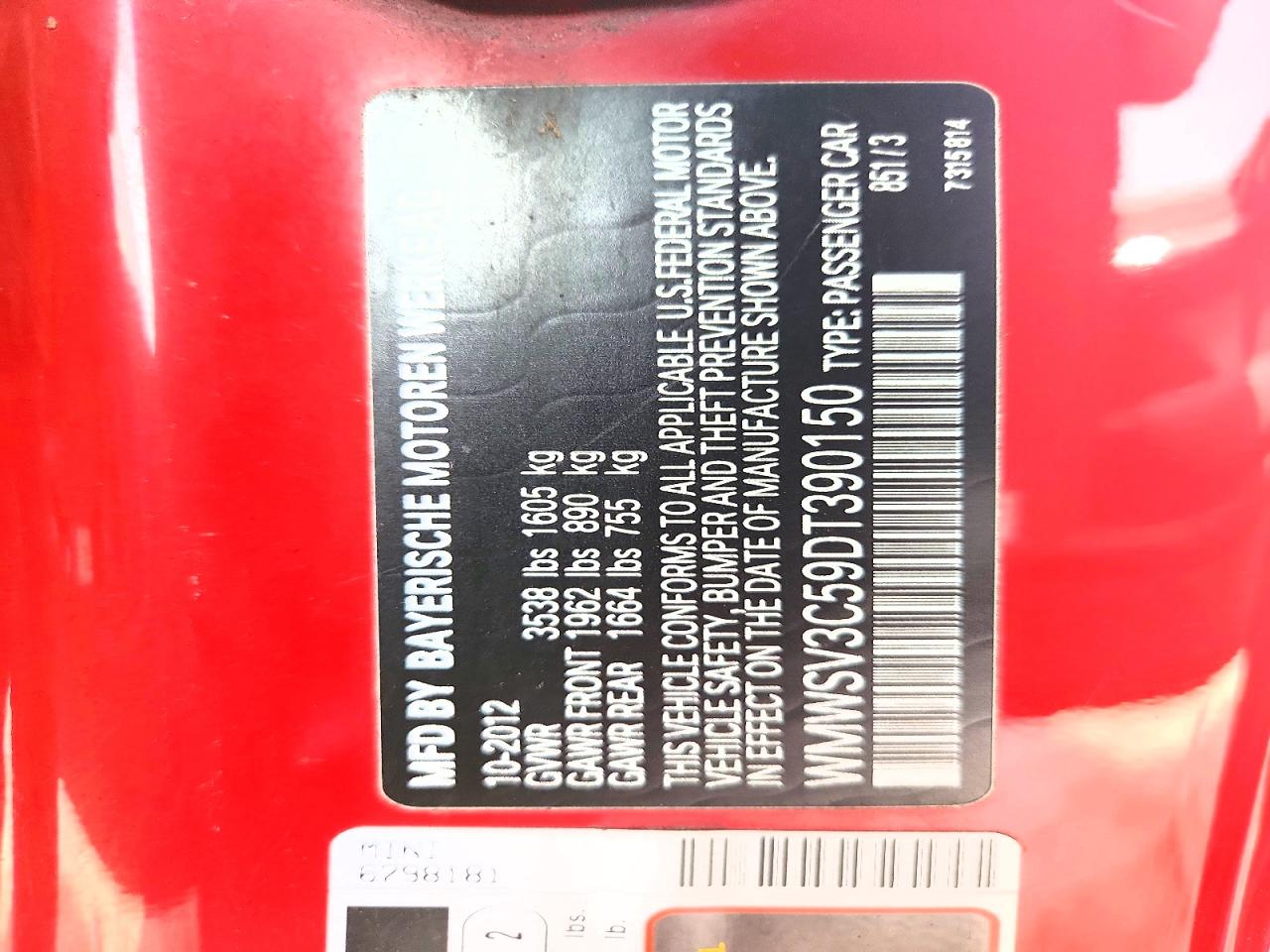 2013 Mini Cooper S Red vin: WMWSV3C59DT390150