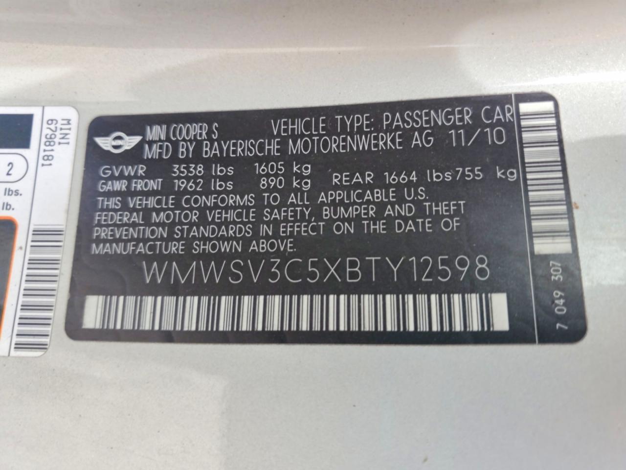 2011 Mini Cooper S Silver vin: WMWSV3C5XBTY12598