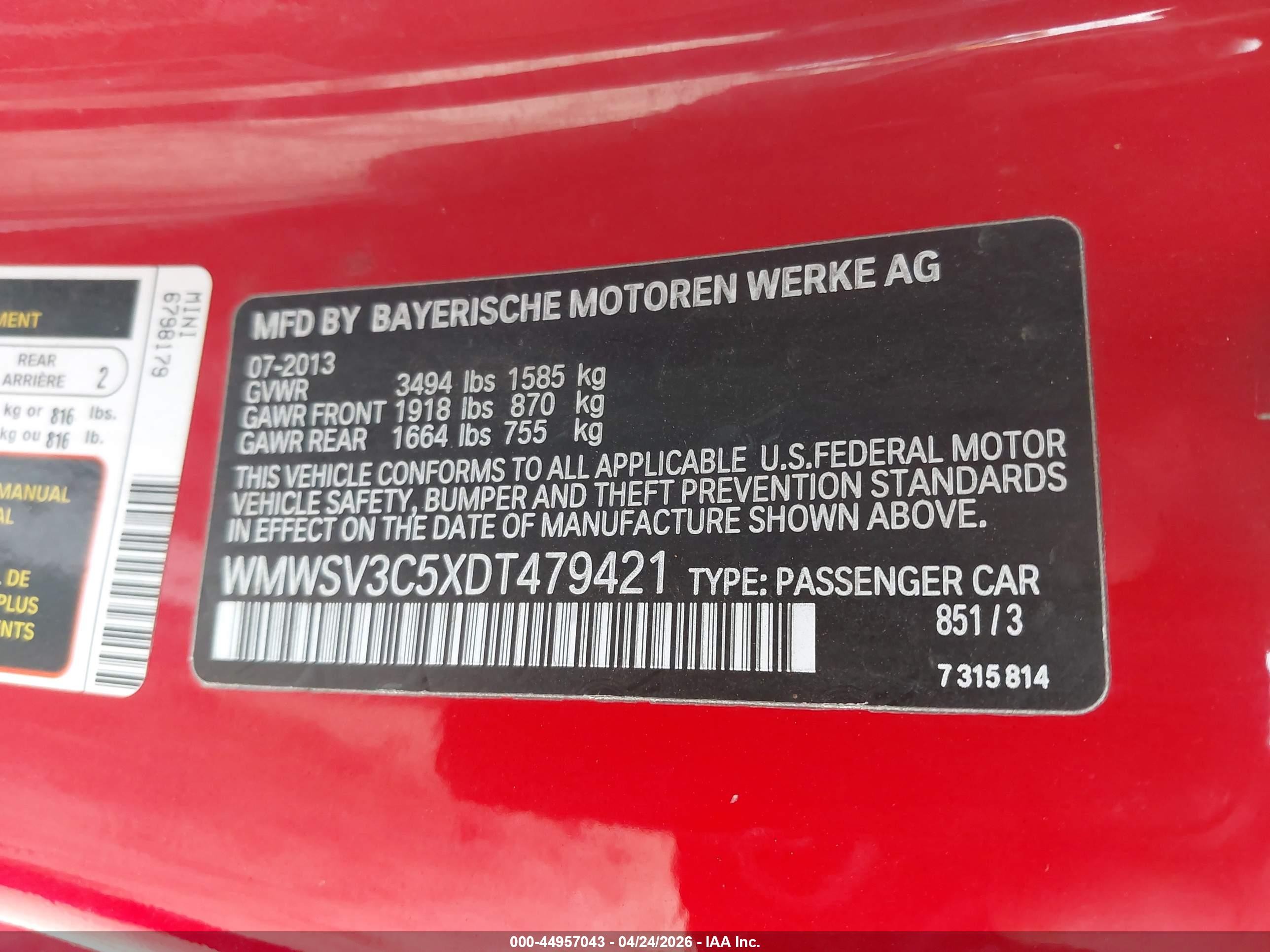 2013 Mini Hardtop Cooper S Red vin: WMWSV3C5XDT479421