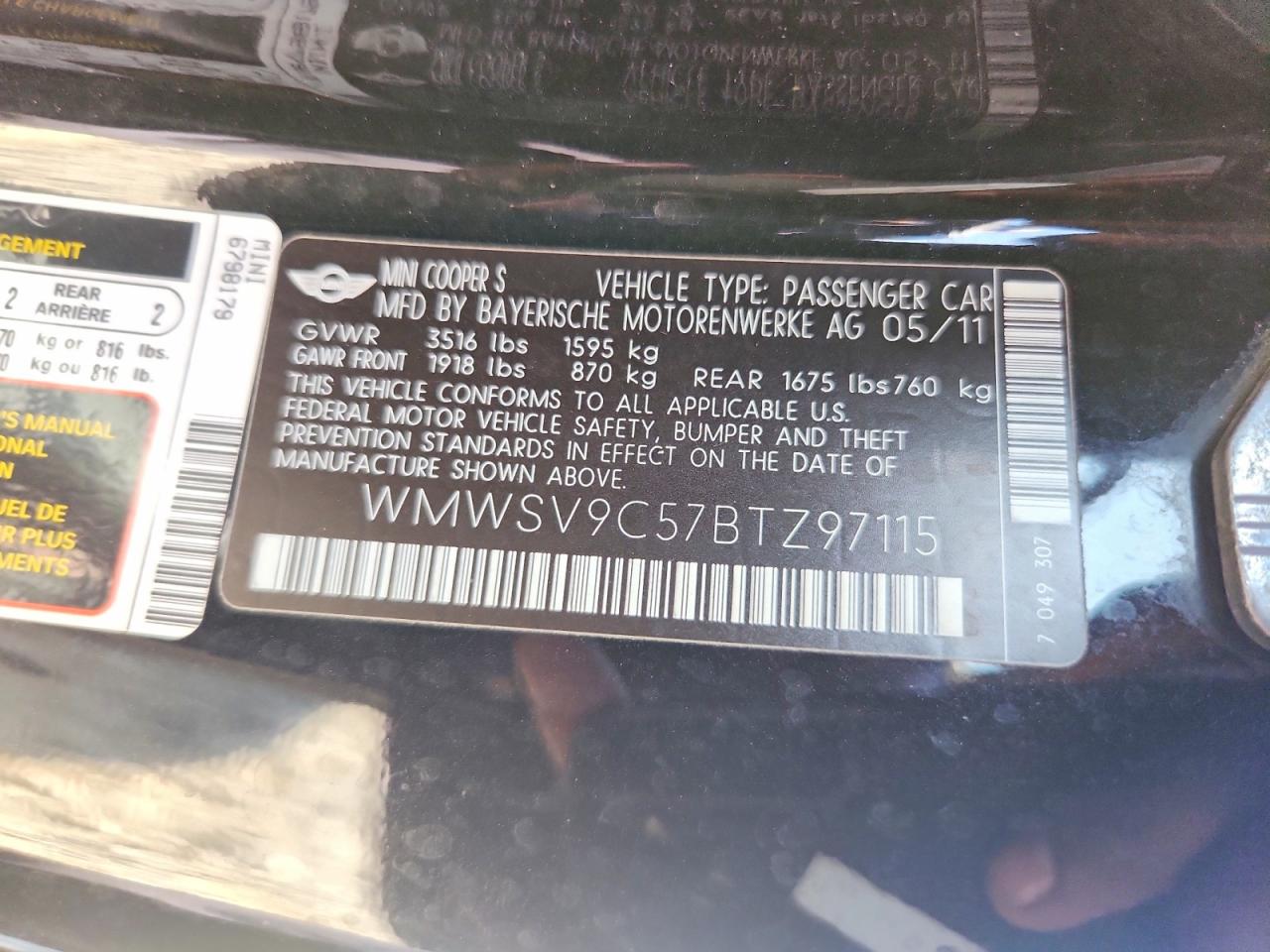 2011 Mini Cooper John Cooper Works Black vin: WMWSV9C57BTZ97115