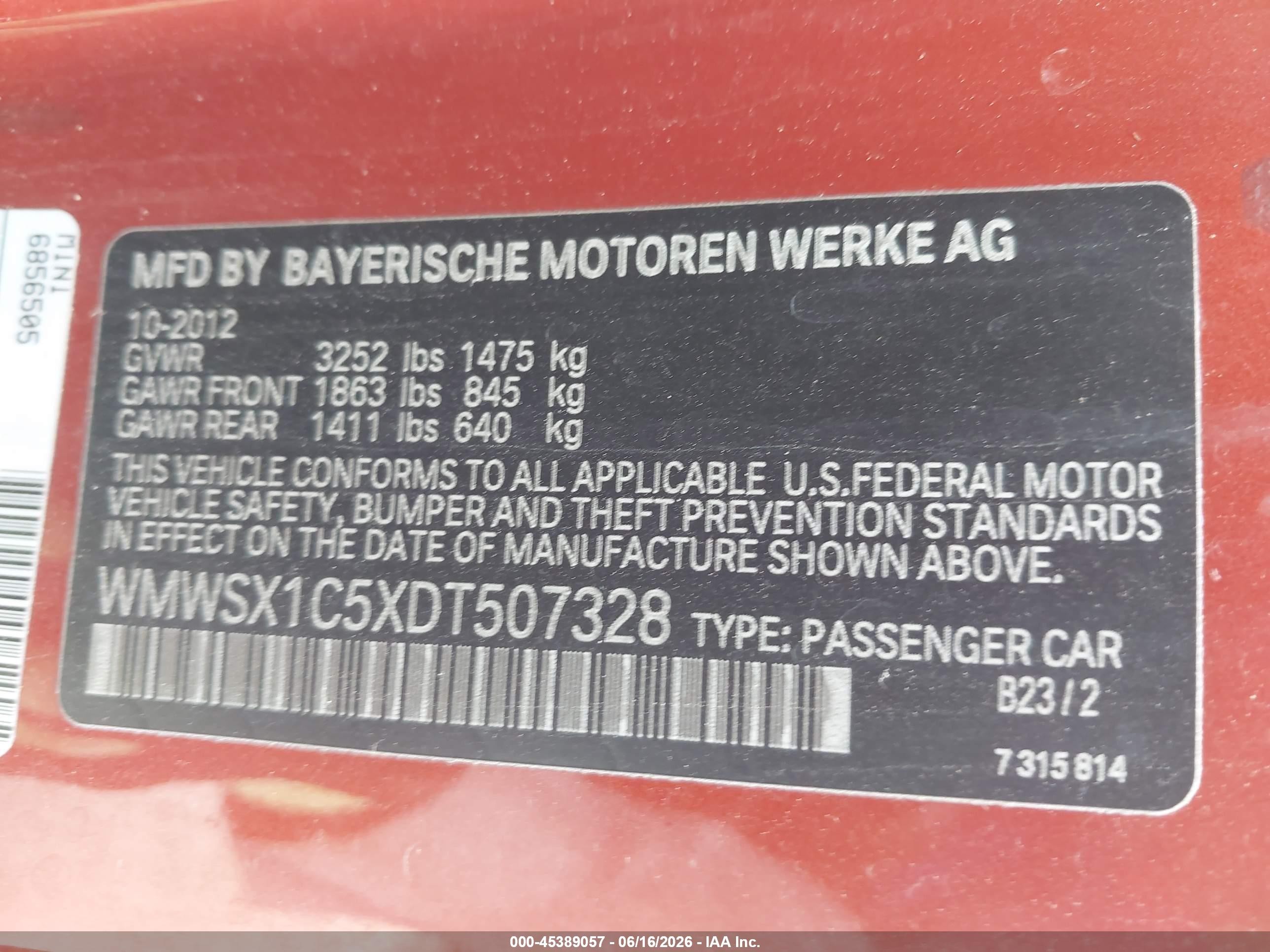 2013 Mini Coupe Cooper Orange vin: WMWSX1C5XDT507328