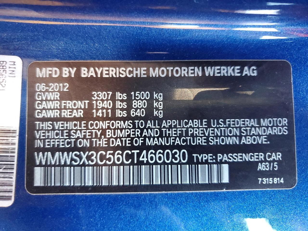 2012 Mini Cooper Coupe S Blue vin: WMWSX3C56CT466030
