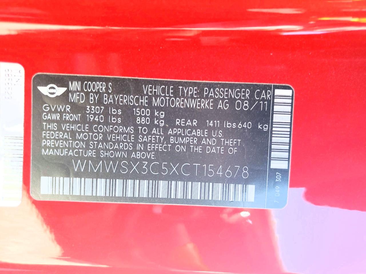 2012 Mini Cooper Coupe S Red vin: WMWSX3C5XCT154678