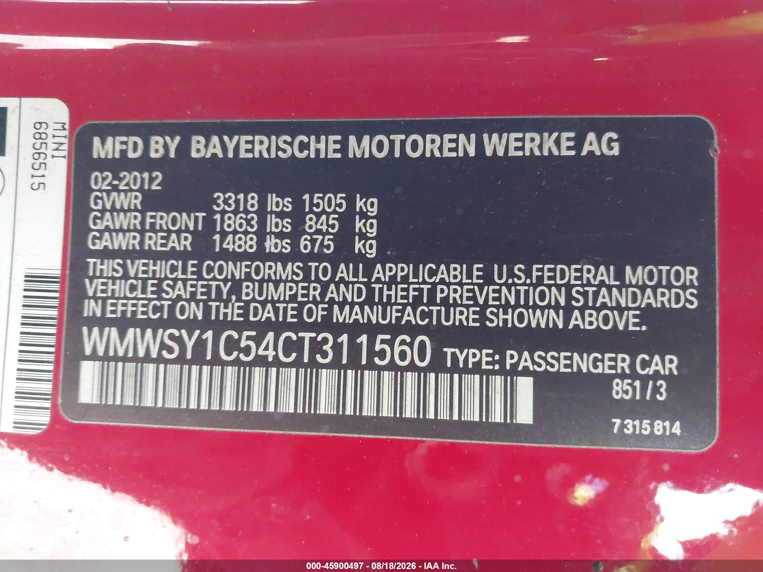 2012 Mini Cooper   Red vin: WMWSY1C54CT311560