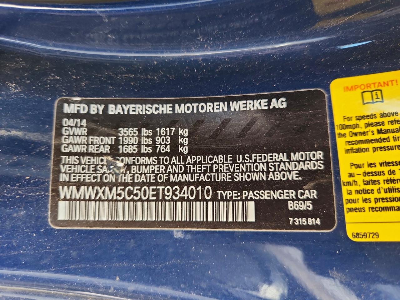 2014 Mini Cooper Blue vin: WMWXM5C50ET934010
