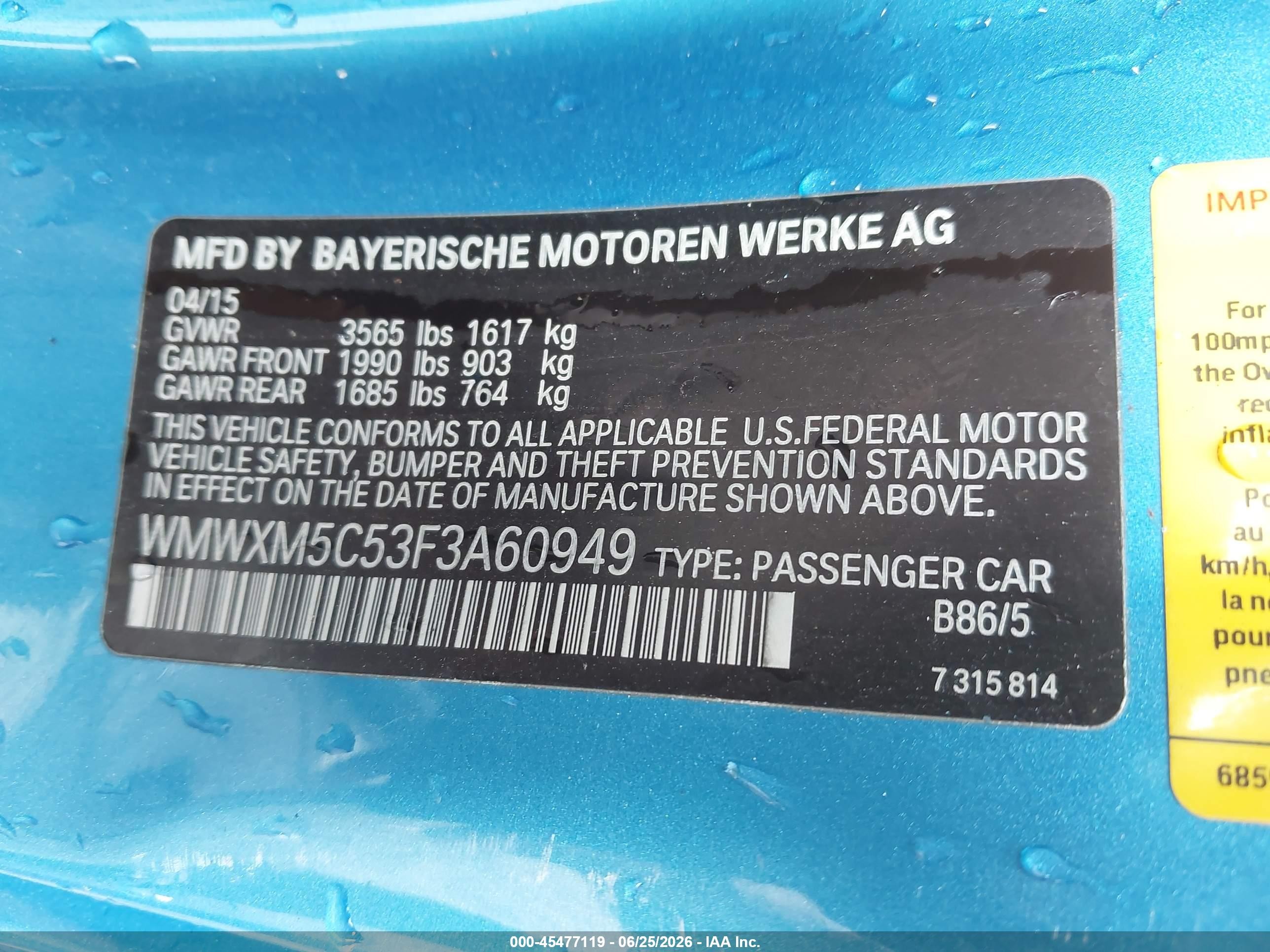 2015 Mini Hardtop Cooper Blue vin: WMWXM5C53F3A60949