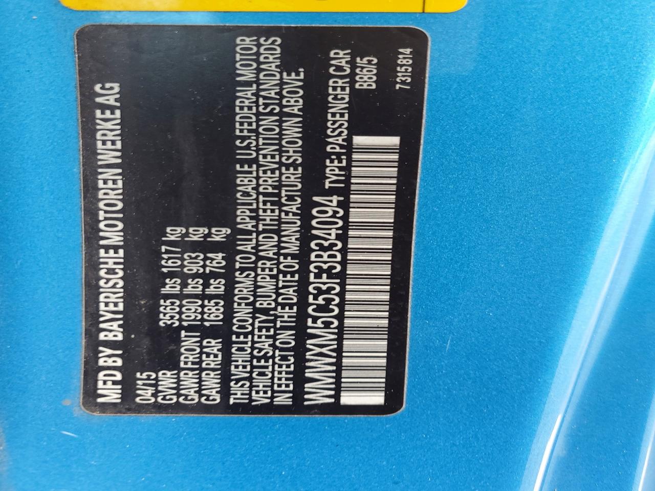 2015 Mini Cooper Blue vin: WMWXM5C53F3B34094
