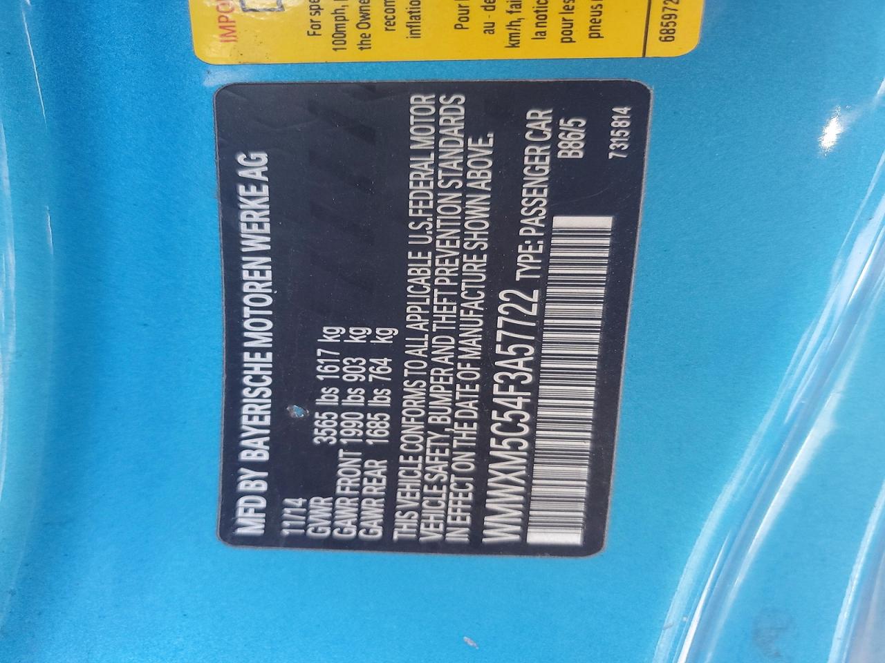 2015 Mini Cooper Blue vin: WMWXM5C54F3A57722