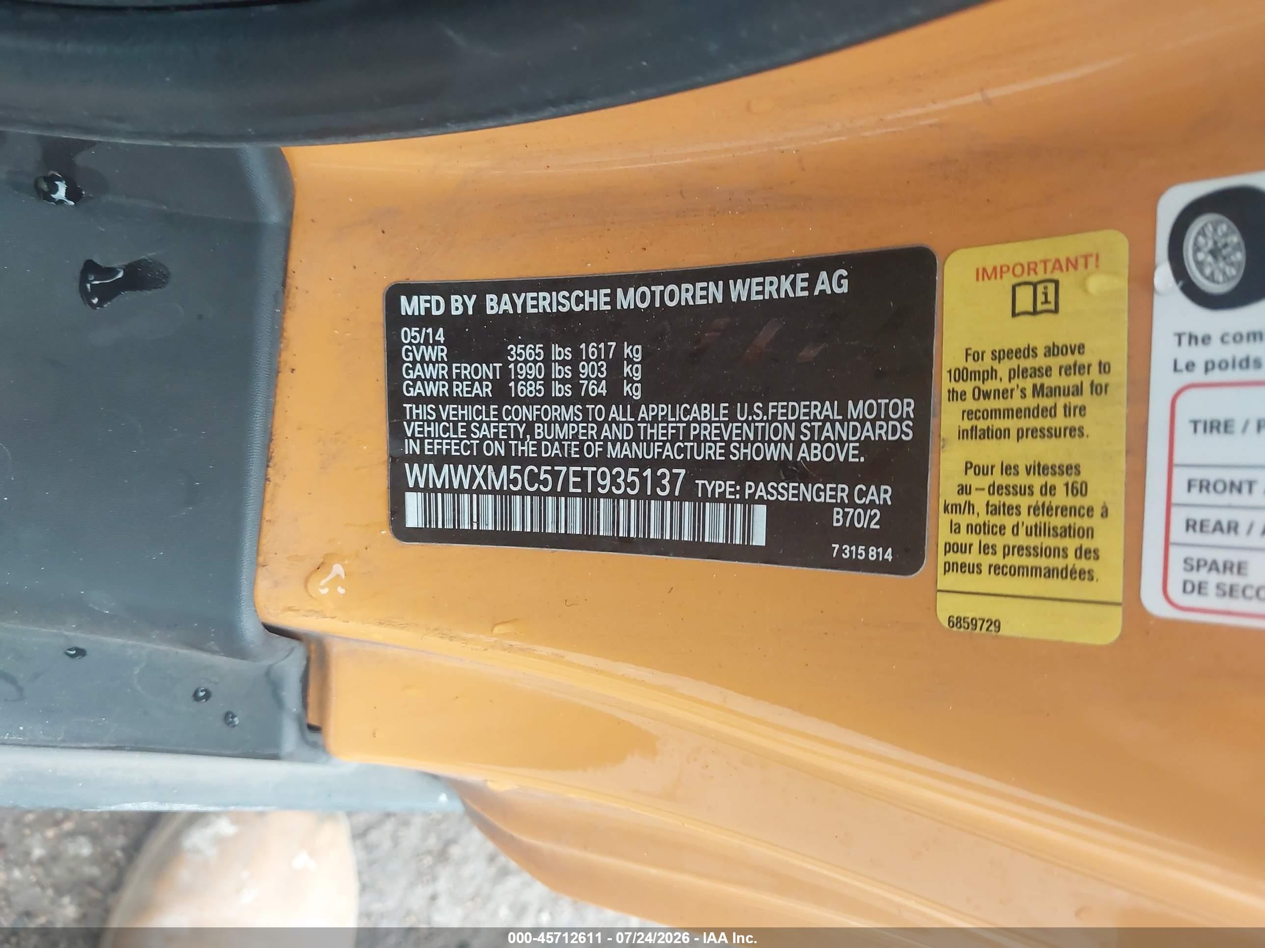 2014 Mini Hardtop Cooper Orange vin: WMWXM5C57ET935137
