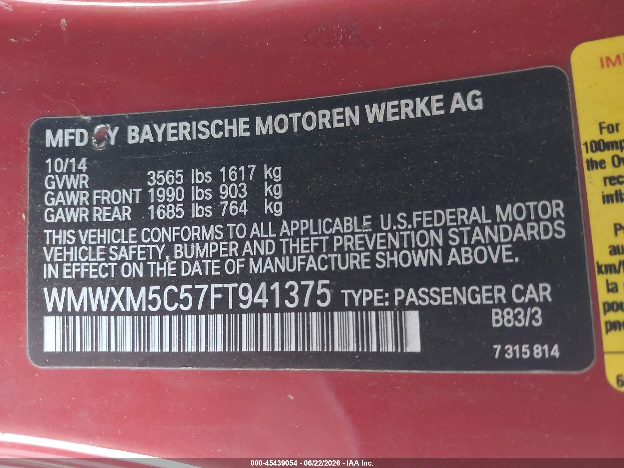 2015 Mini Hardtop Cooper Red vin: WMWXM5C57FT941375