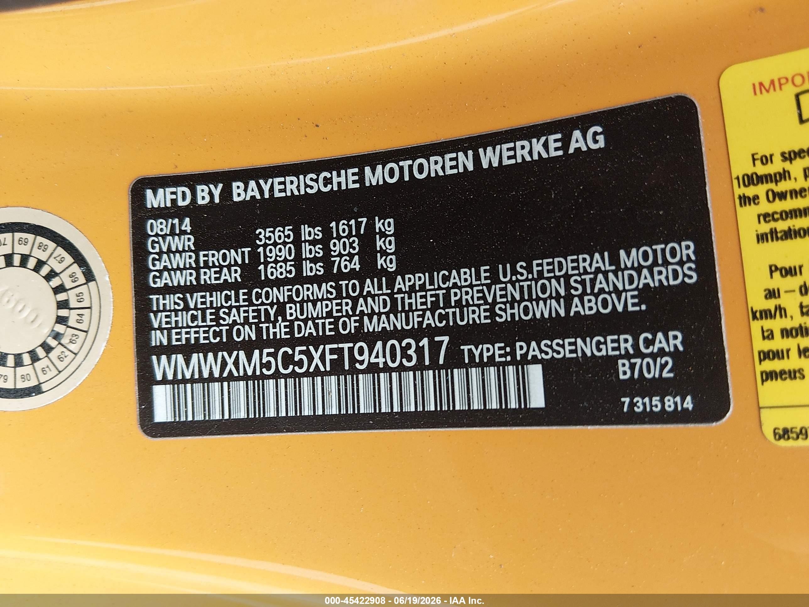2015 Mini Hardtop Cooper Yellow vin: WMWXM5C5XFT940317