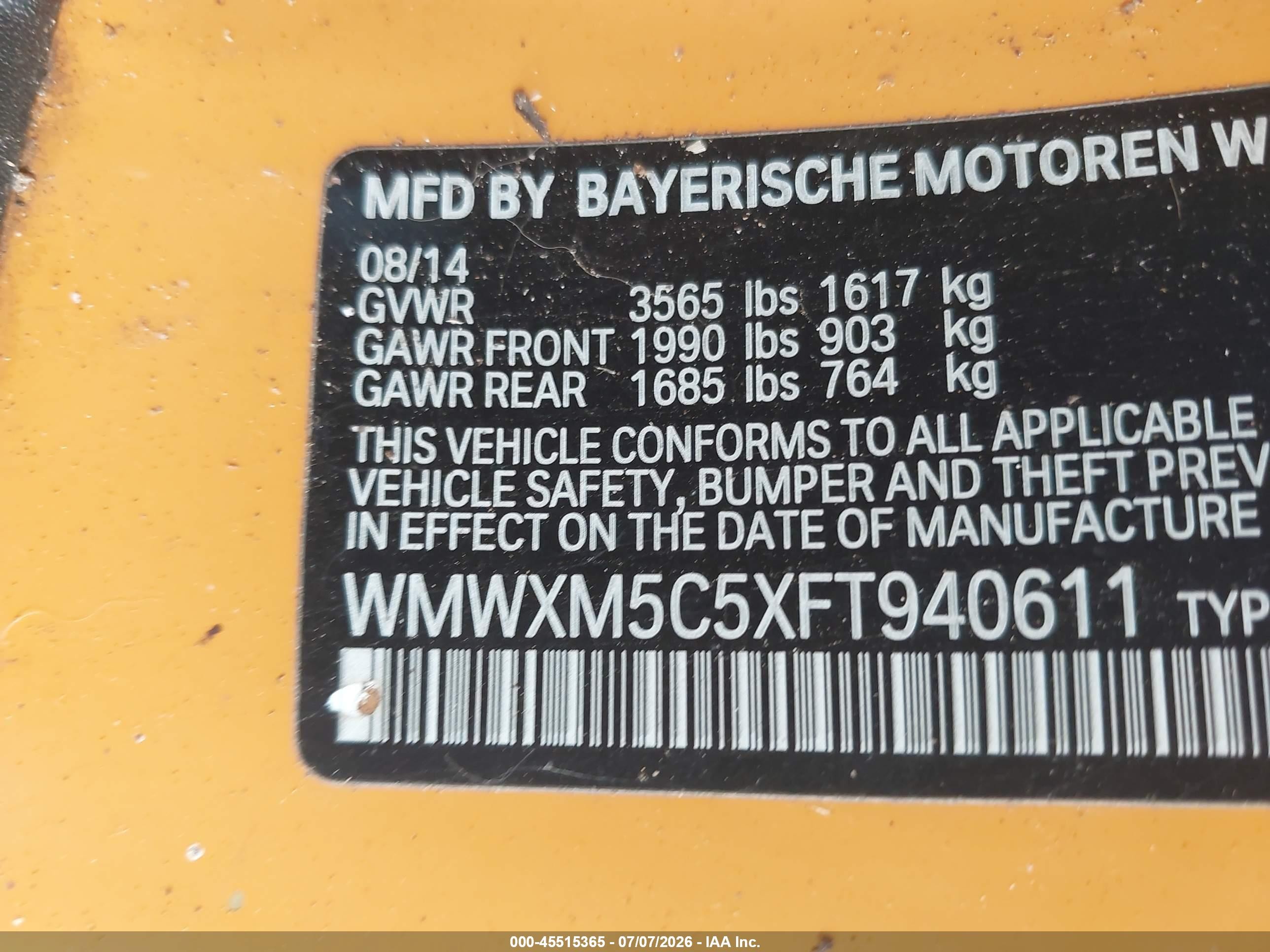 2015 Mini Hardtop Cooper Orange vin: WMWXM5C5XFT940611