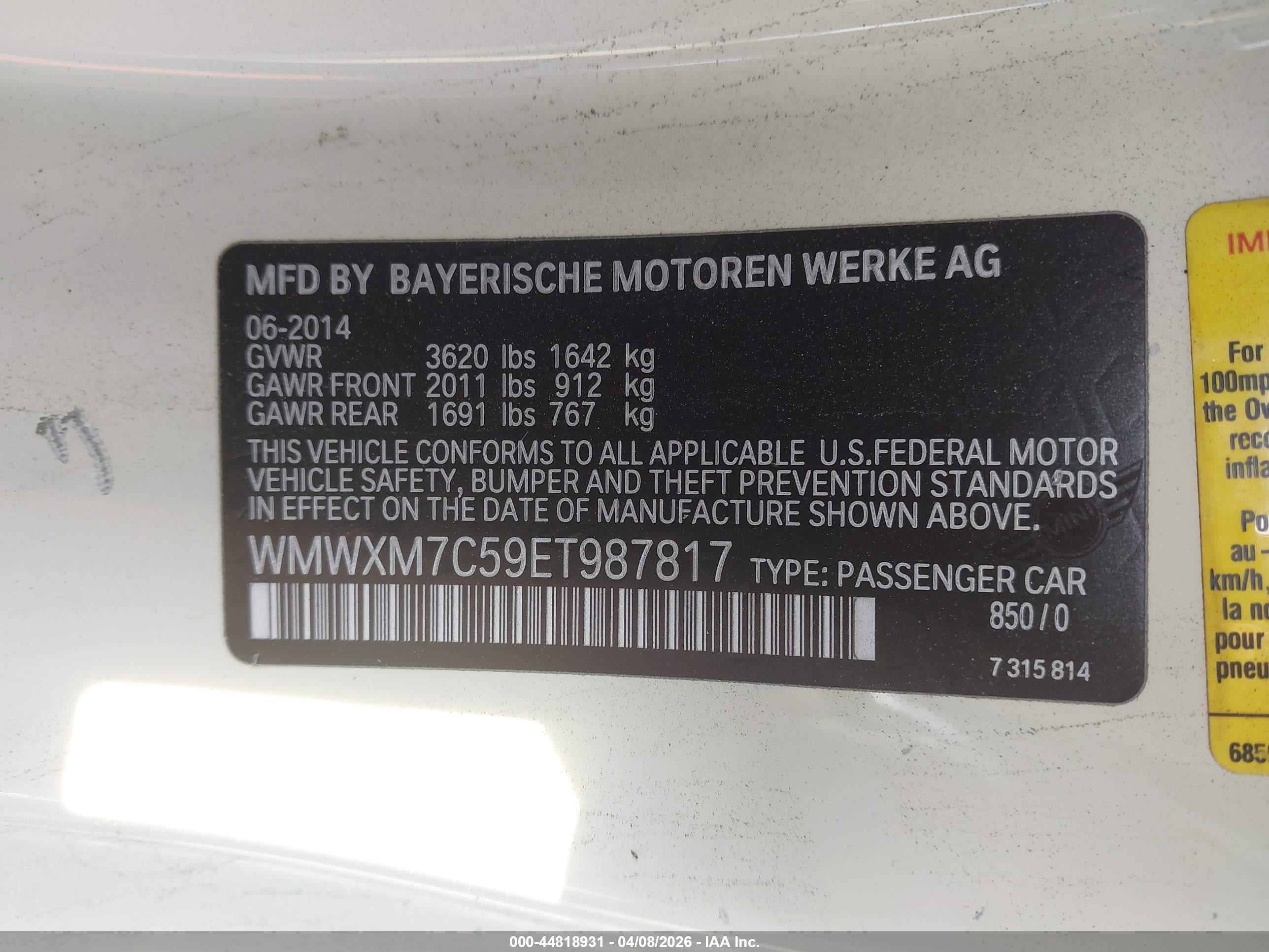 2014 Mini Hardtop Cooper S White vin: WMWXM7C59ET987817