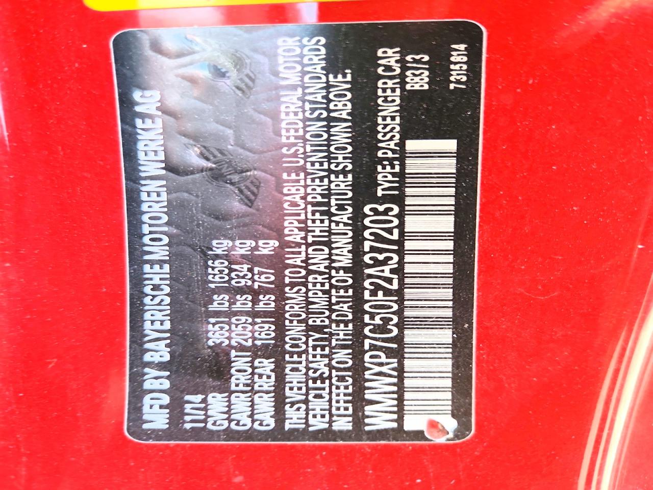 2015 Mini Cooper S Red vin: WMWXP7C50F2A37203