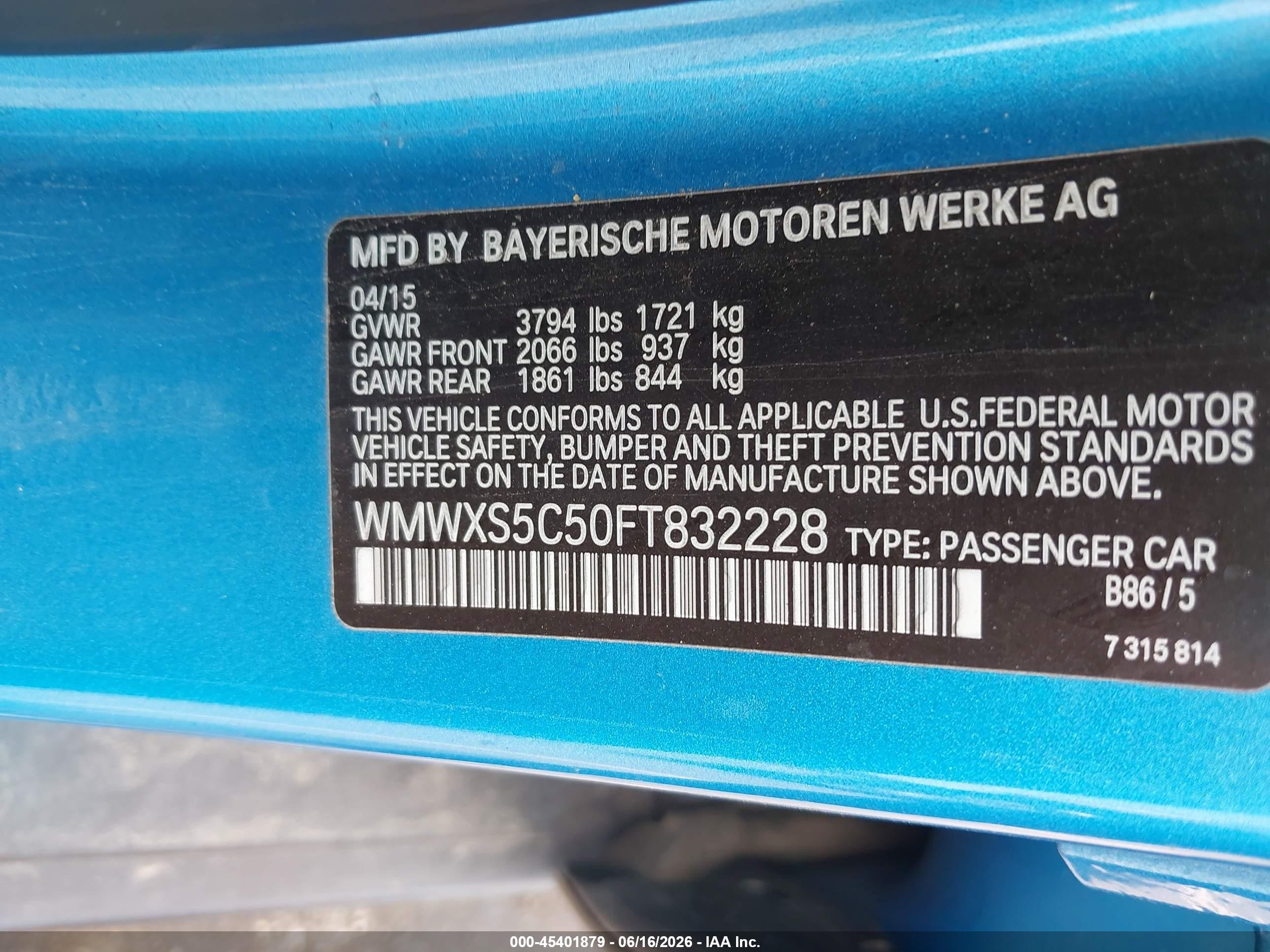 2015 Mini Hardtop Cooper Blue vin: WMWXS5C50FT832228