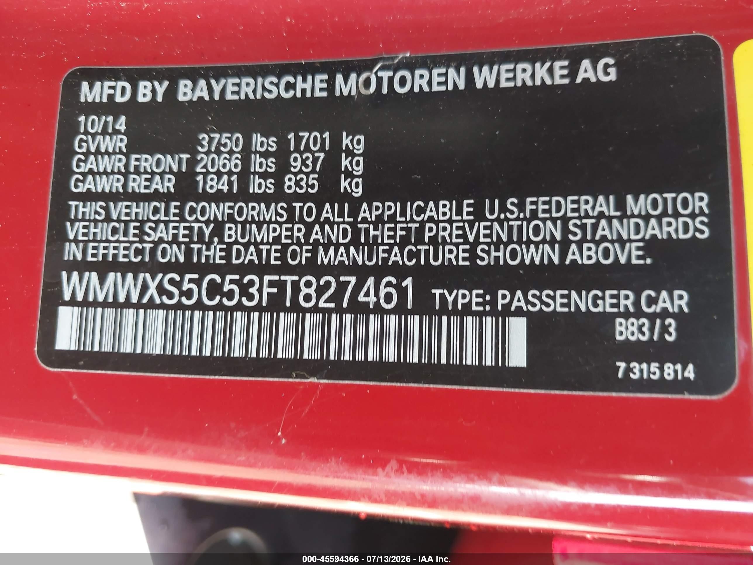 2015 Mini Hardtop Cooper Red vin: WMWXS5C53FT827461