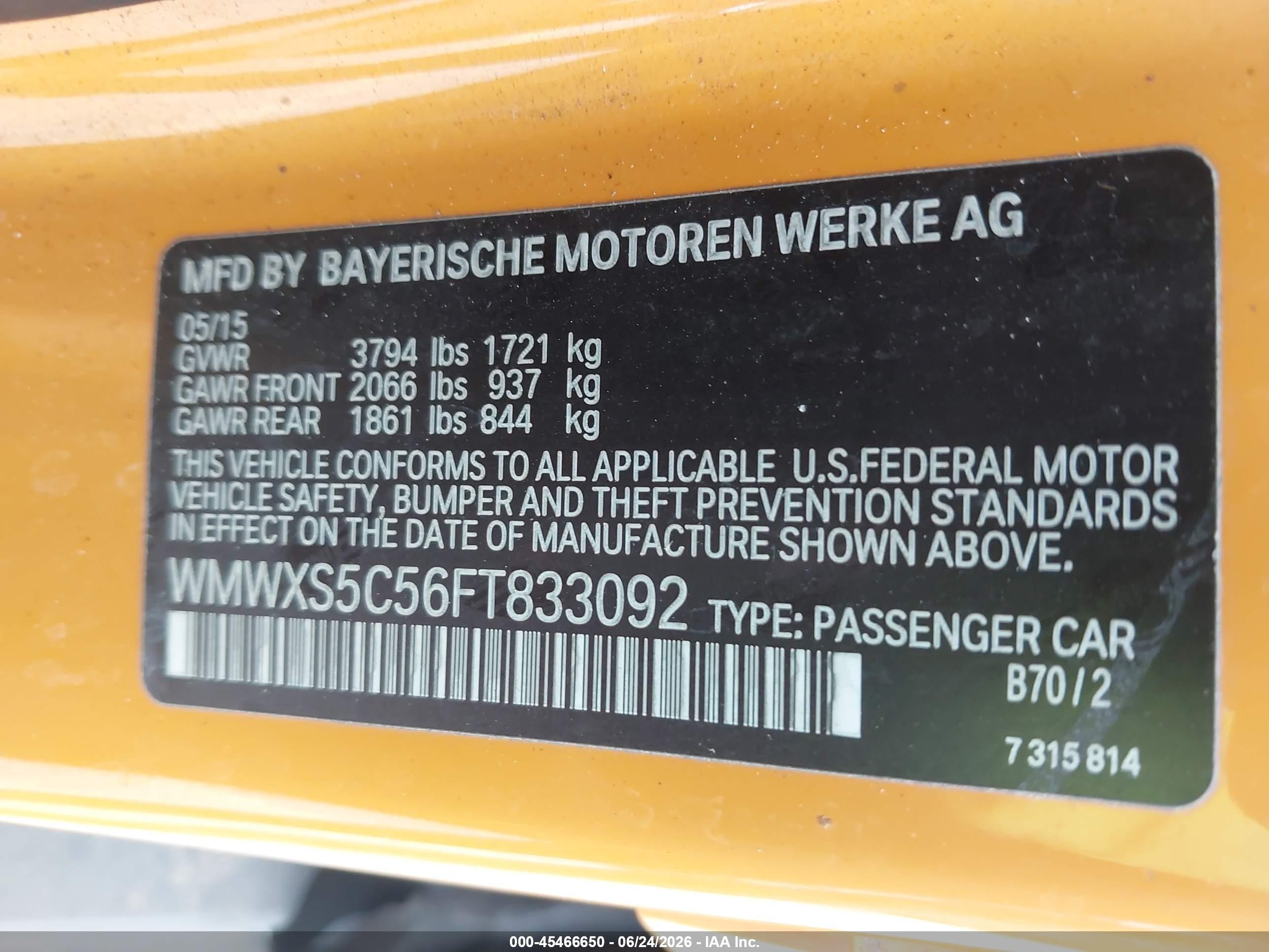 2015 Mini Hardtop Cooper Yellow vin: WMWXS5C56FT833092