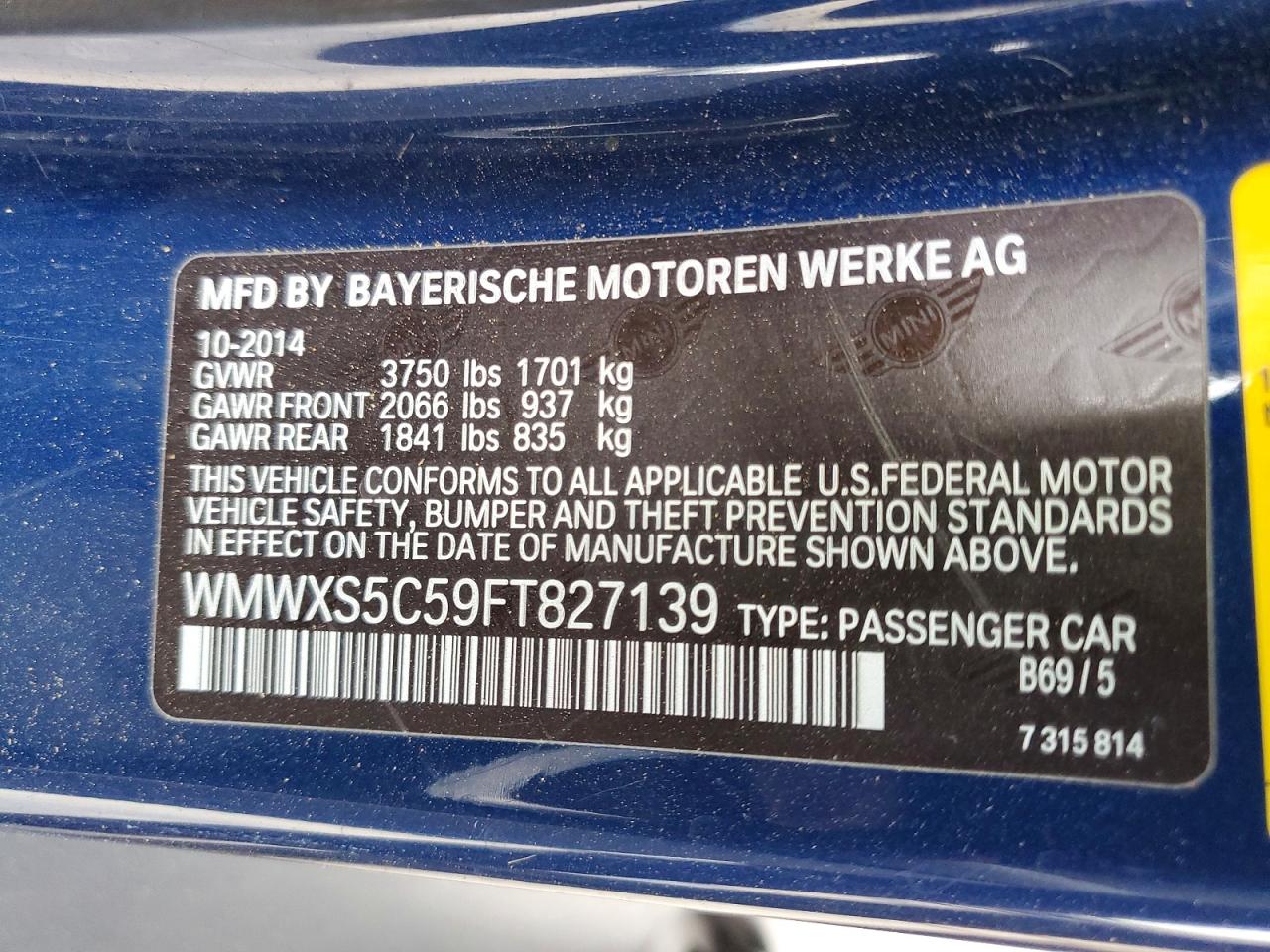 2015 Mini Cooper Blue vin: WMWXS5C59FT827139