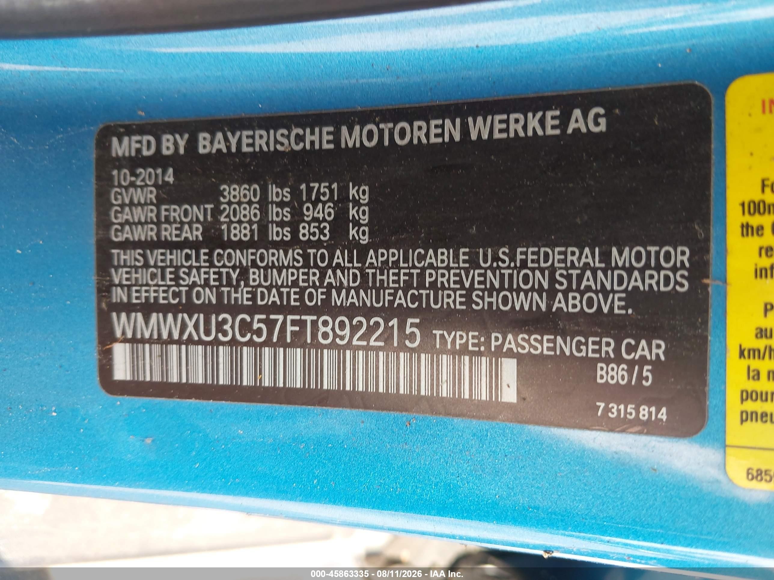 2015 Mini Hardtop Cooper S Blue vin: WMWXU3C57FT892215