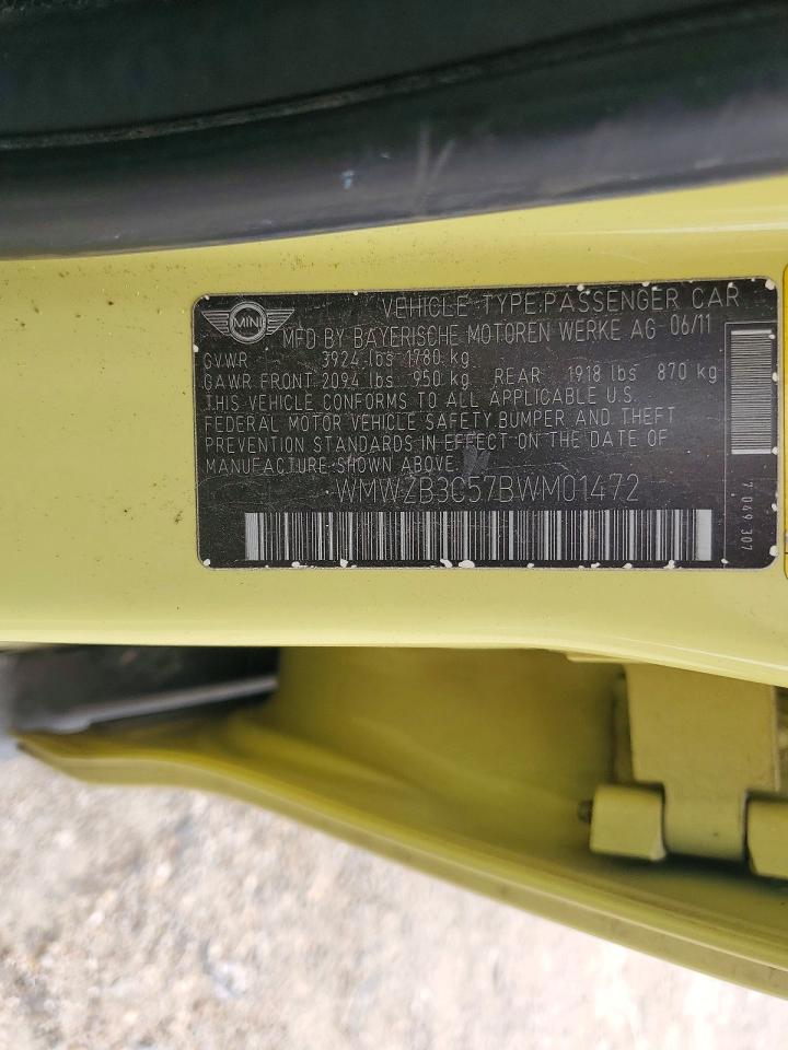 2011 Mini Cooper Countryman Yellow vin: WMWZB3C57BWM01472