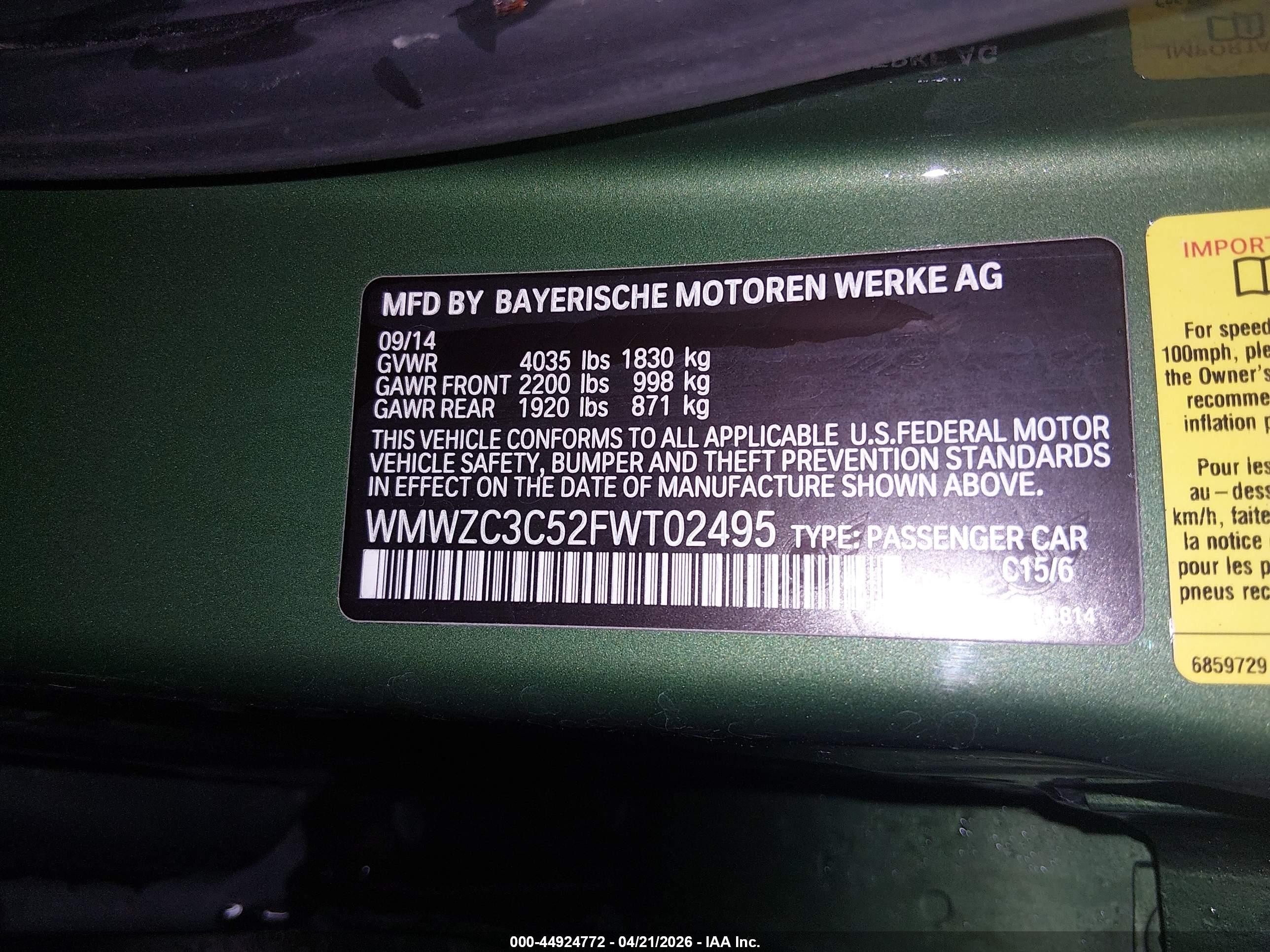 2015 Mini Countryman Cooper S Green vin: WMWZC3C52FWT02495