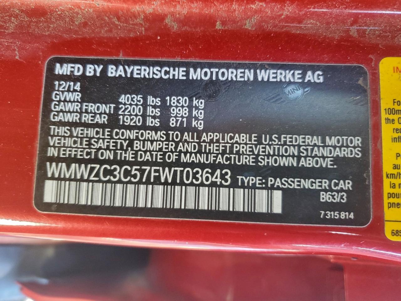 2015 Mini Cooper S Countryman Red vin: WMWZC3C57FWT03643