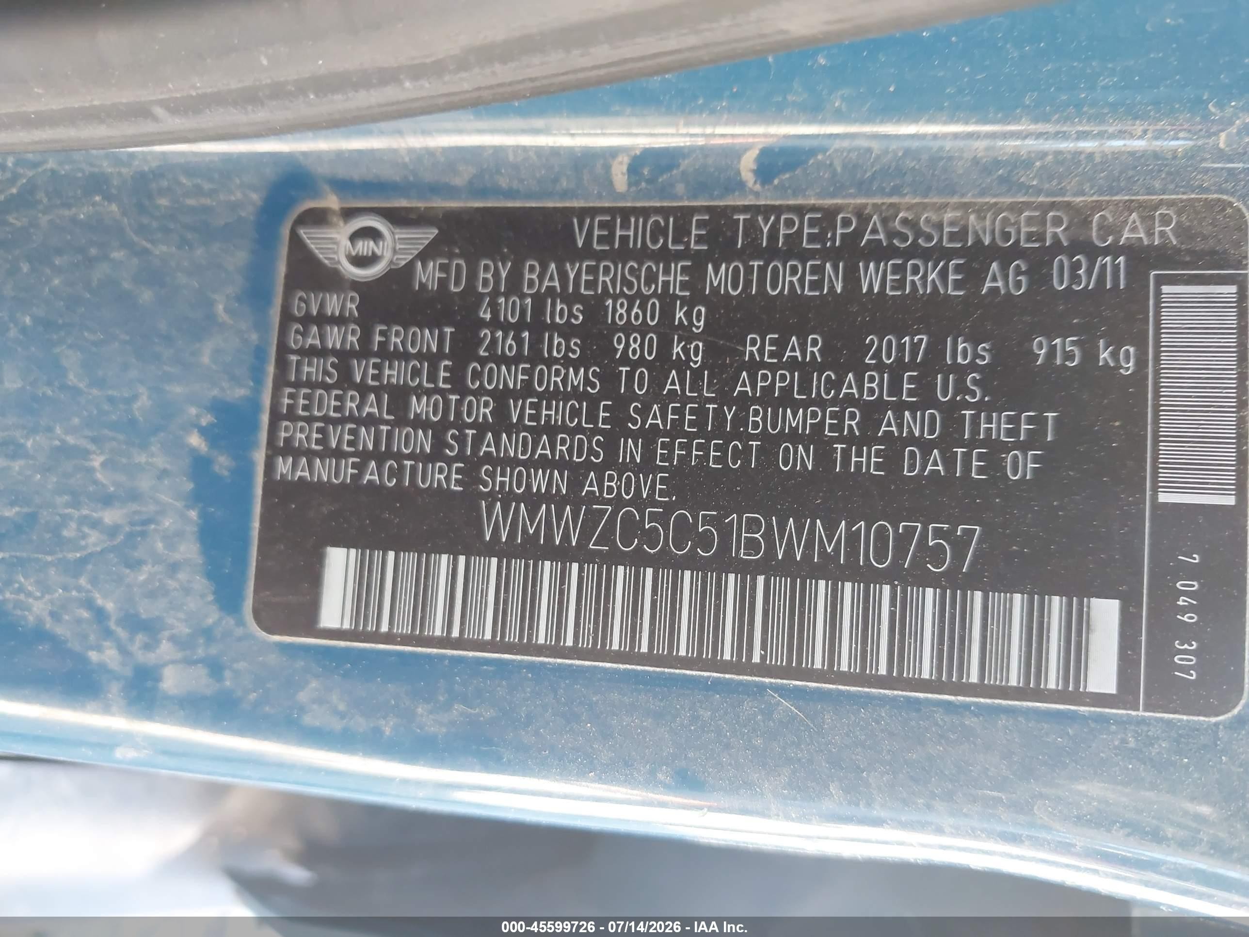 2011 Mini Cooper S Countryman   Blue vin: WMWZC5C51BWM10757