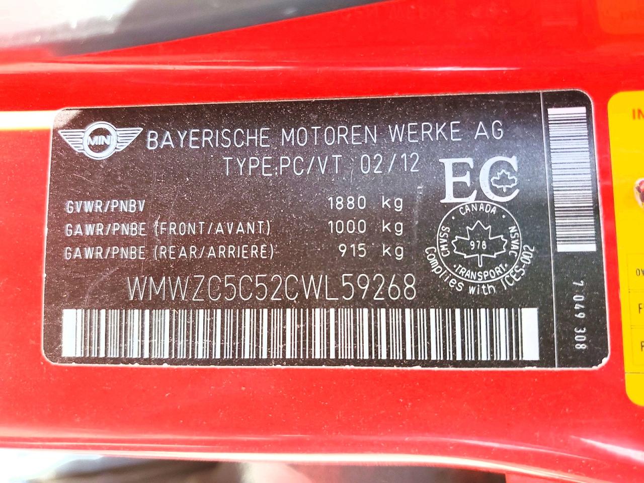 2012 Mini Cooper S Countryman Red vin: WMWZC5C52CWL59268