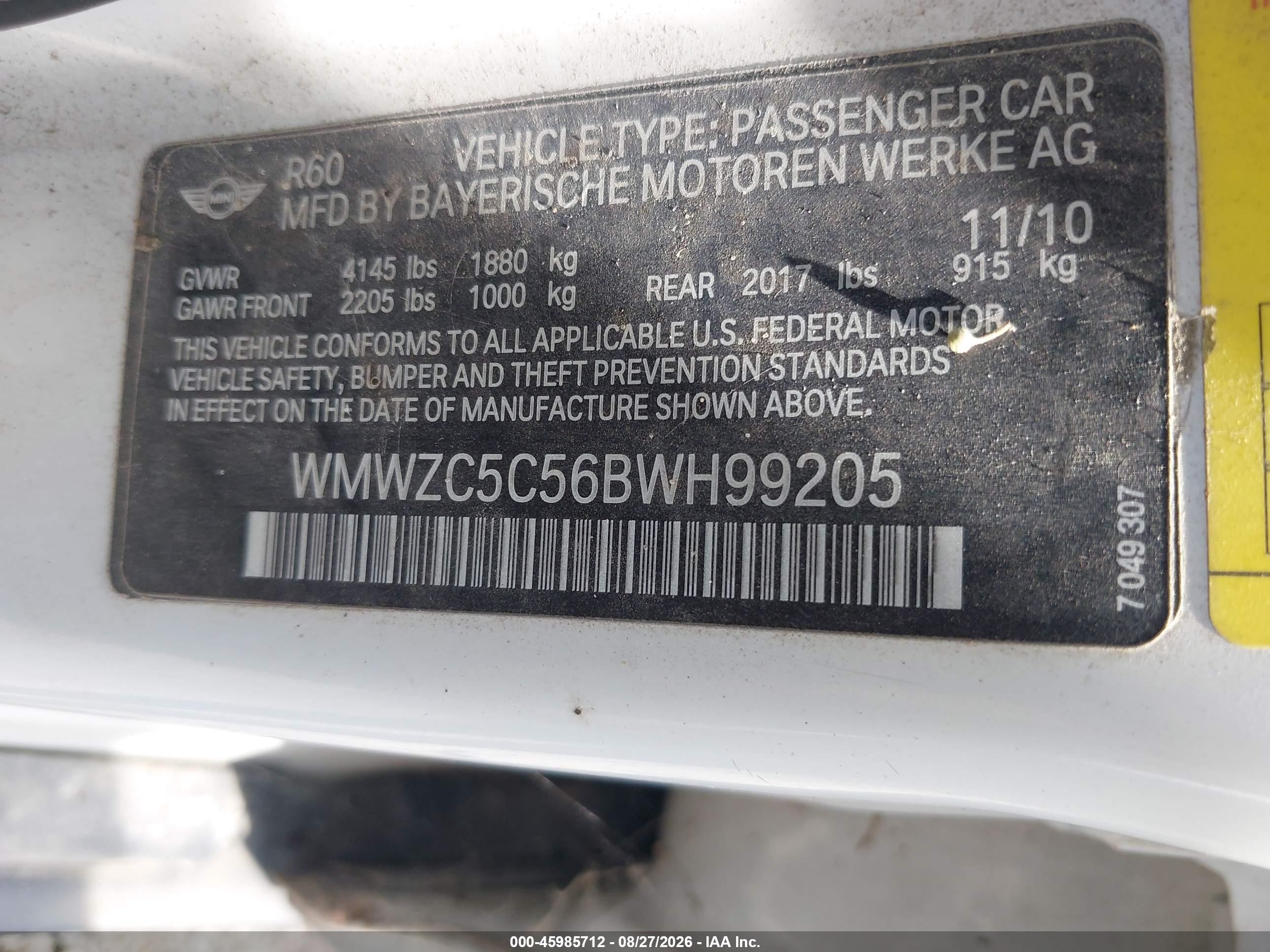 2011 Mini Cooper S Countryman   White vin: WMWZC5C56BWH99205