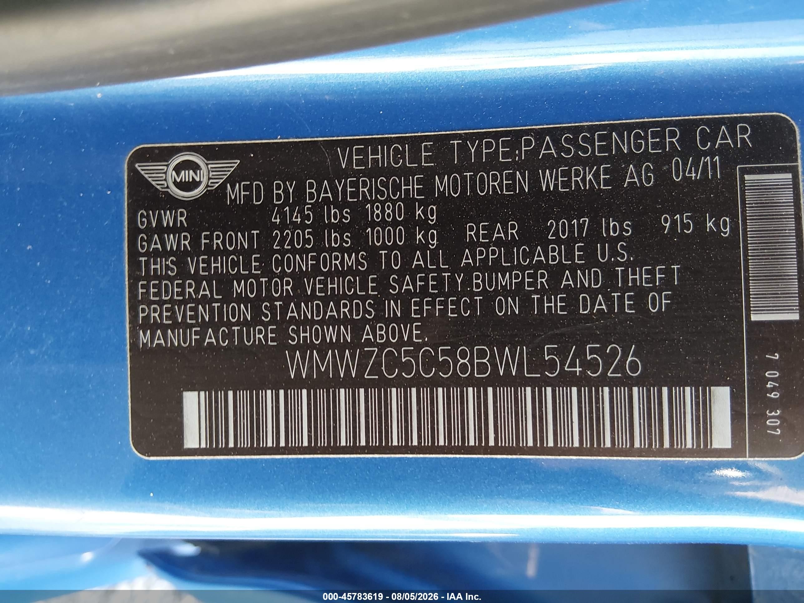 2011 Mini Cooper S Countryman   Blue vin: WMWZC5C58BWL54526