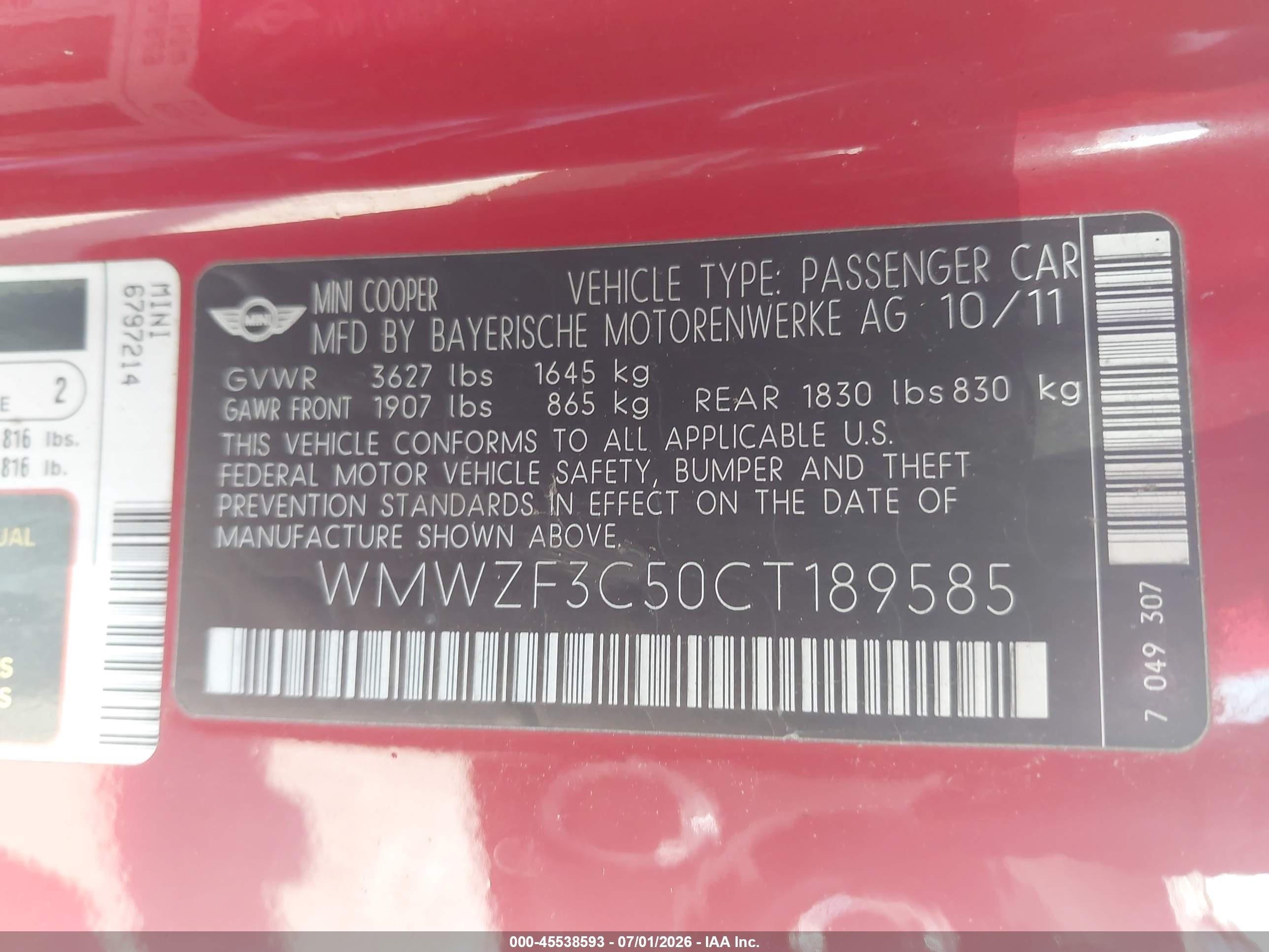 2012 Mini Cooper Clubman   Red vin: WMWZF3C50CT189585