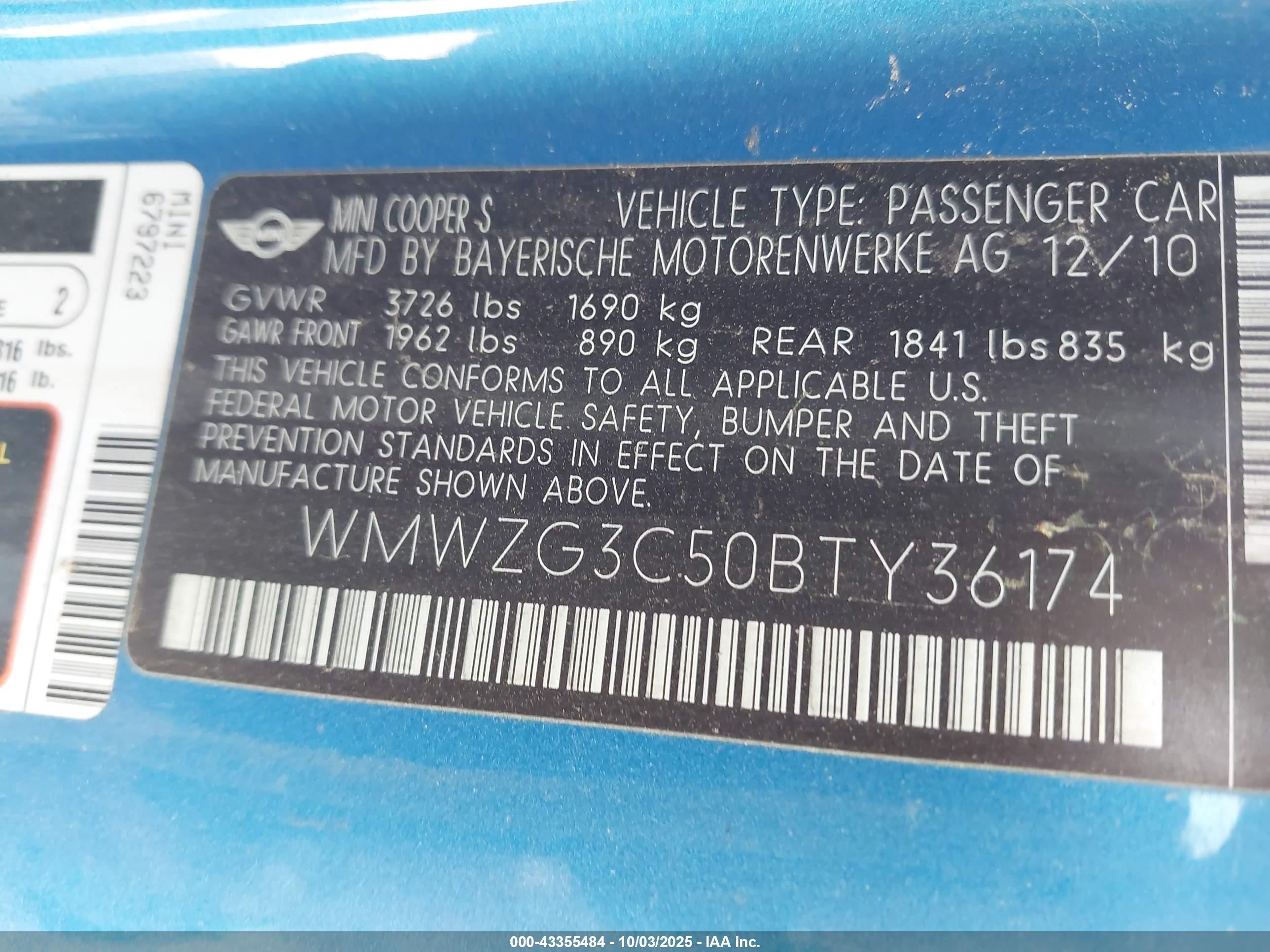 2011 Mini Cooper S Clubman   Blue vin: WMWZG3C50BTY36174
